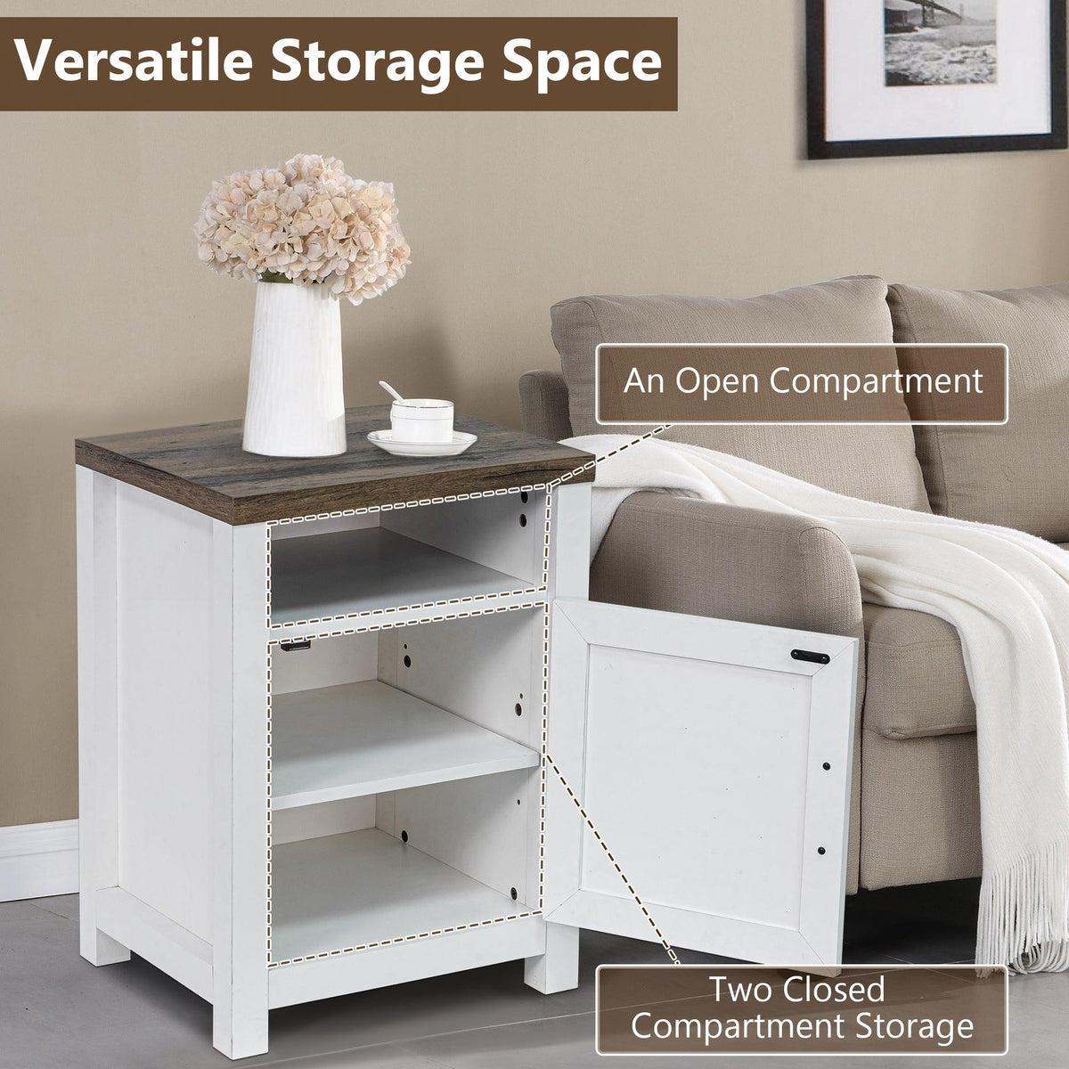 White farmhouse nightstand with dark top, open compartment, and two closed sections