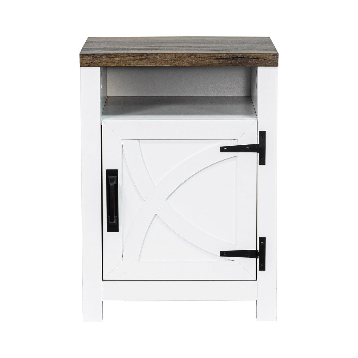 White solid wood farmhouse nightstand with door open to show interior shelf