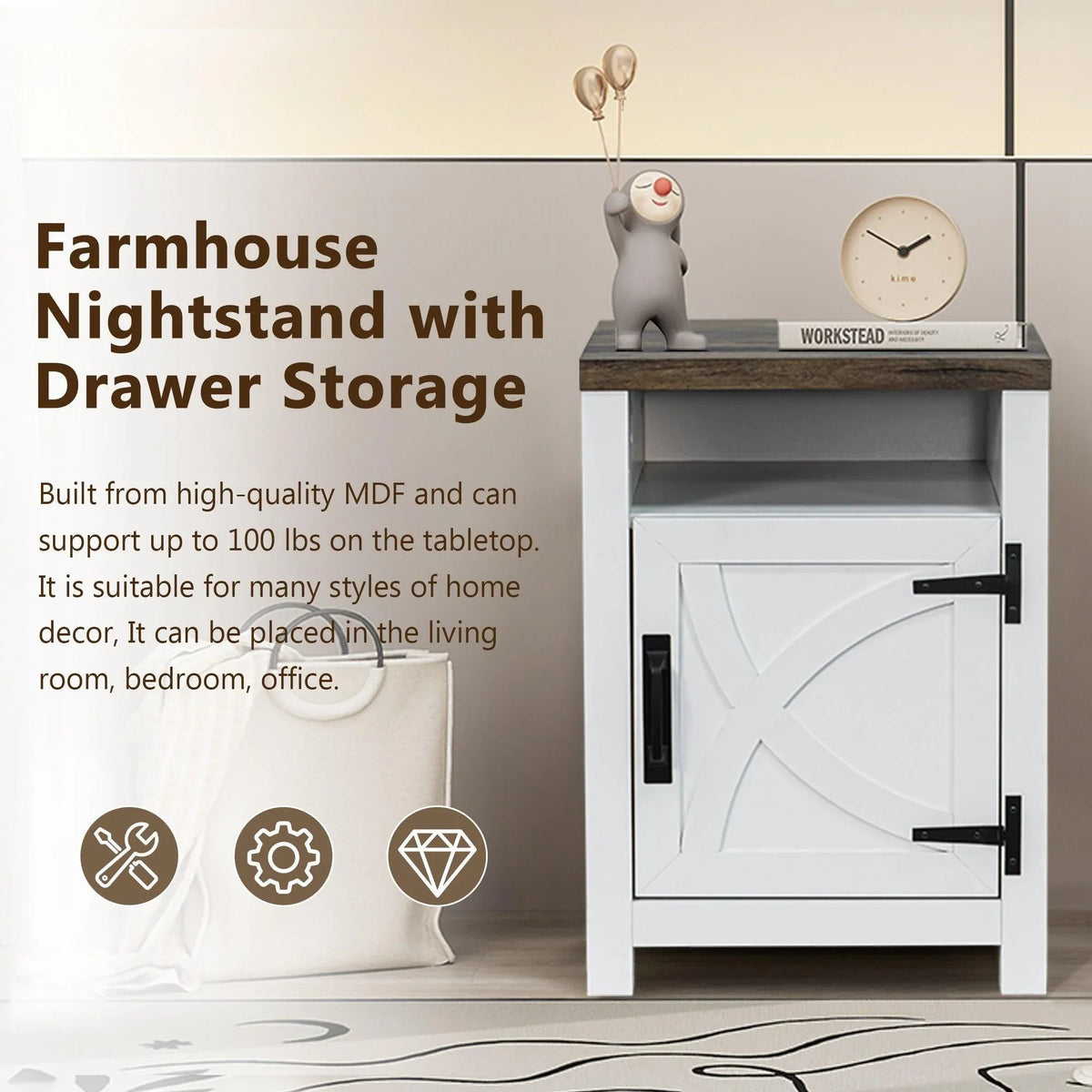 Farmhouse nightstand with white cabinet doors and dark wood tabletop