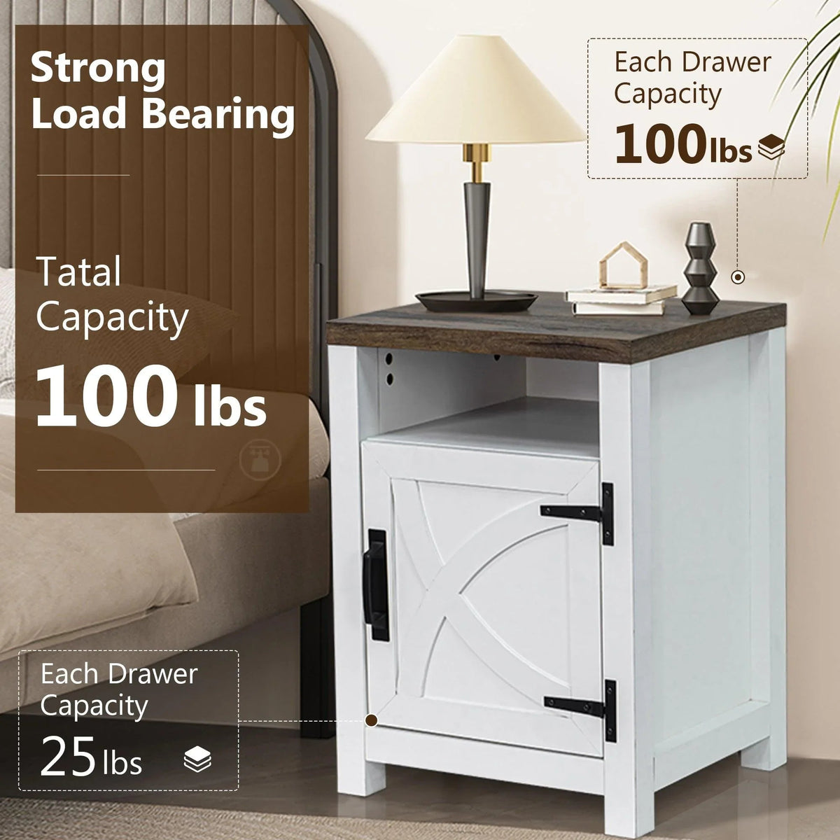 White farmhouse nightstand with black handles, open shelf, and door cabinet
