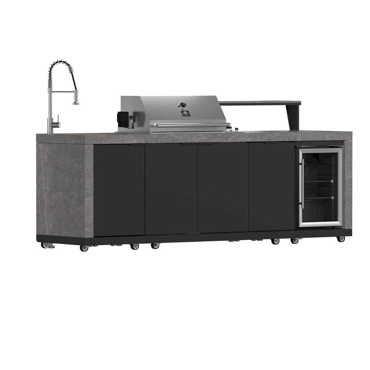 Outdoor kitchen BBQ island with sink faucet, stainless grill, and black cabinet storage doors