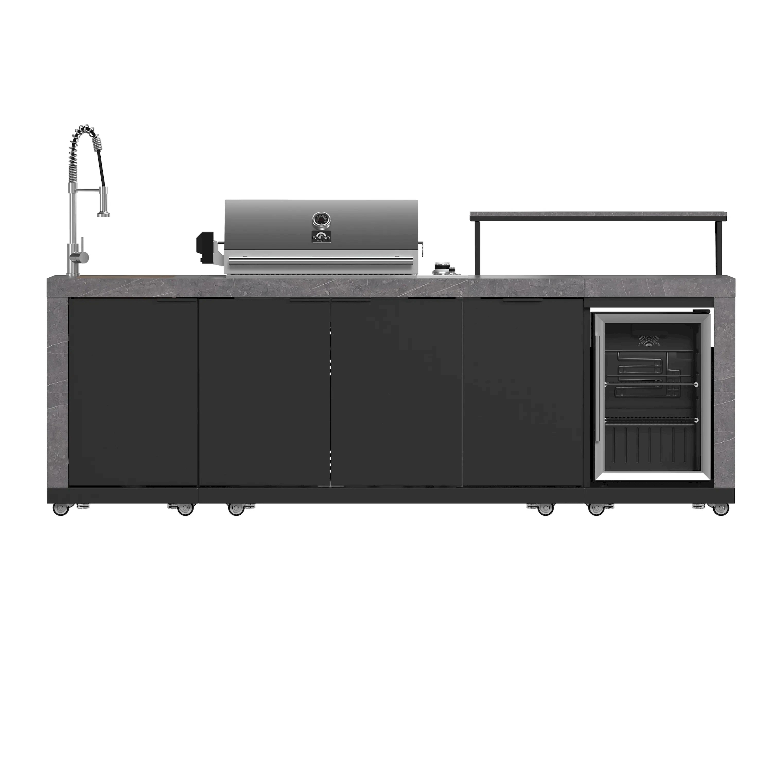 Outdoor kitchen grill island with sink faucet, stainless grill, and open beverage cooler compartment