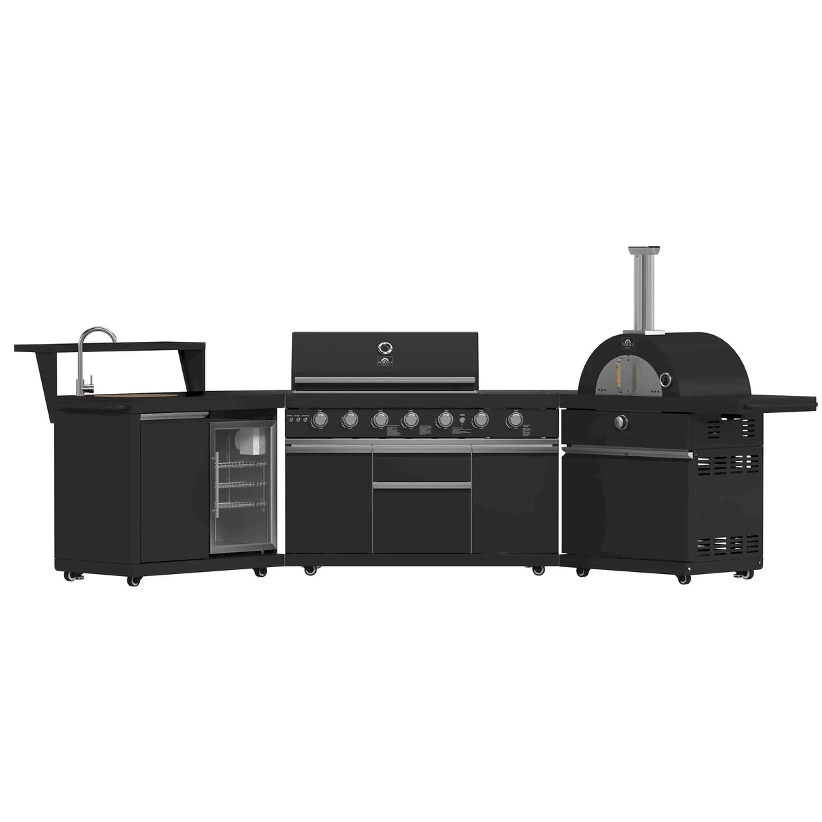 Black outdoor grill with open storage doors and pizza oven dome, stainless accents