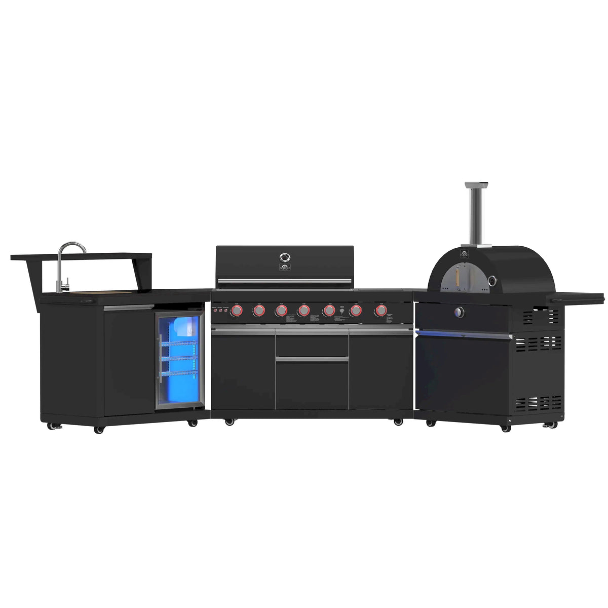 Black outdoor BBQ grill with side firebox and backlit control knobs, multiple burners