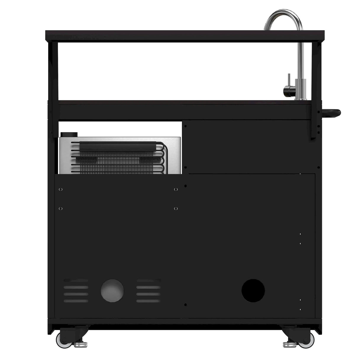 Black grill access panel with open interior tray and control knobs