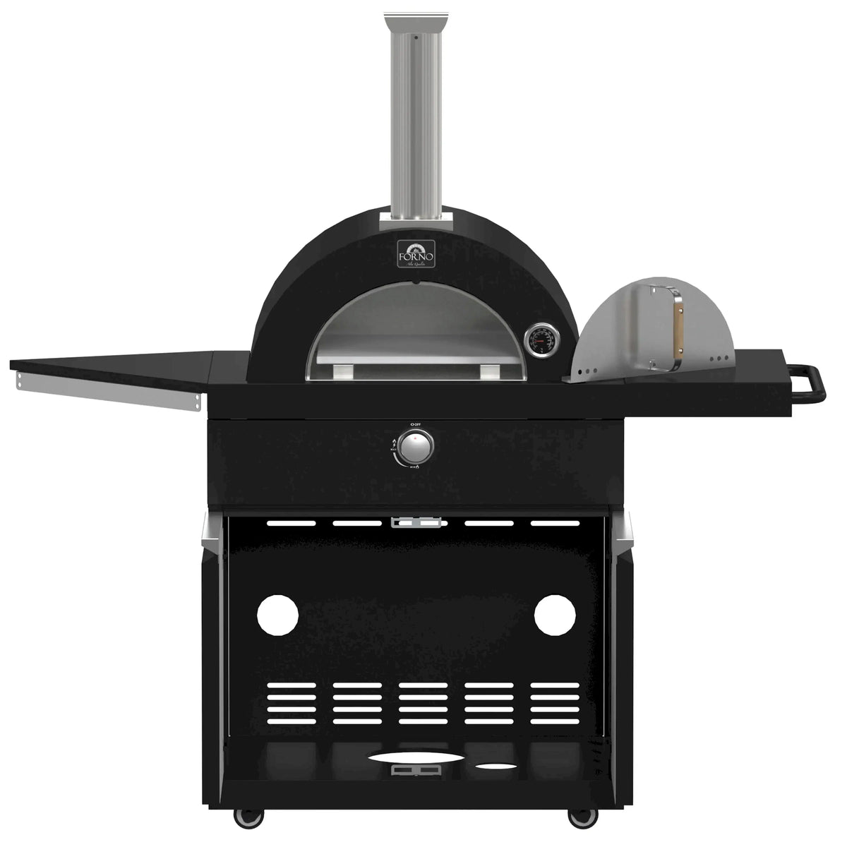 Black pizza oven unit with arched dome, front control dial, and side prep shelf