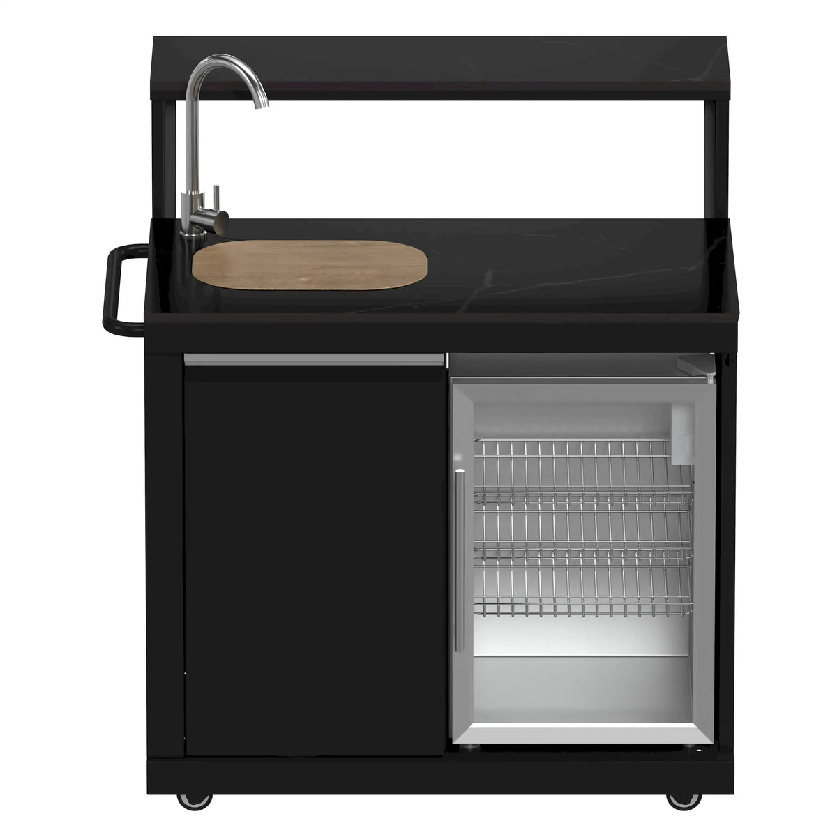 Black sink module with open cabinet, wire shelves inside, and mounted faucet