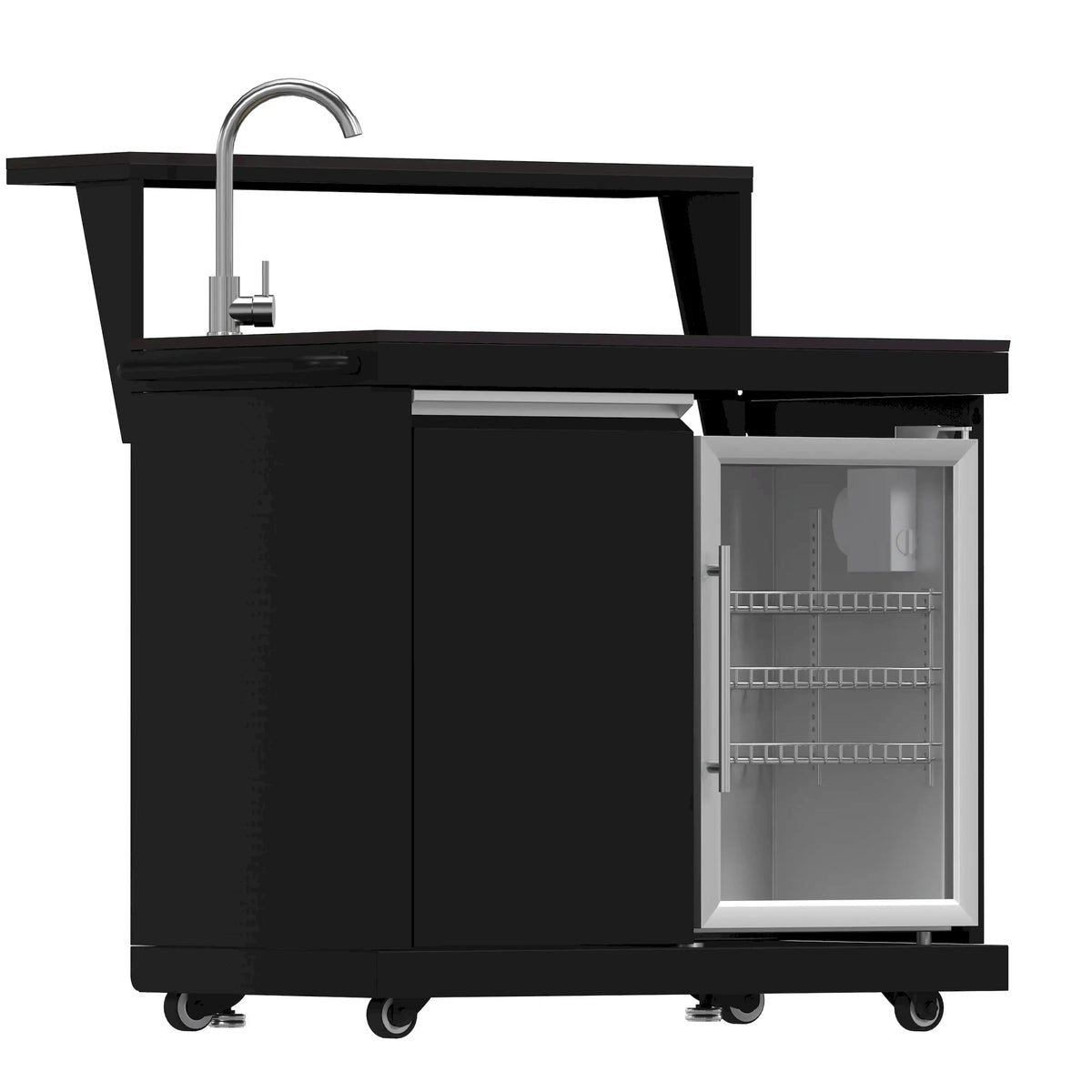 Outdoor BBQ and sink module cart with stainless faucet, black base, open cabinet