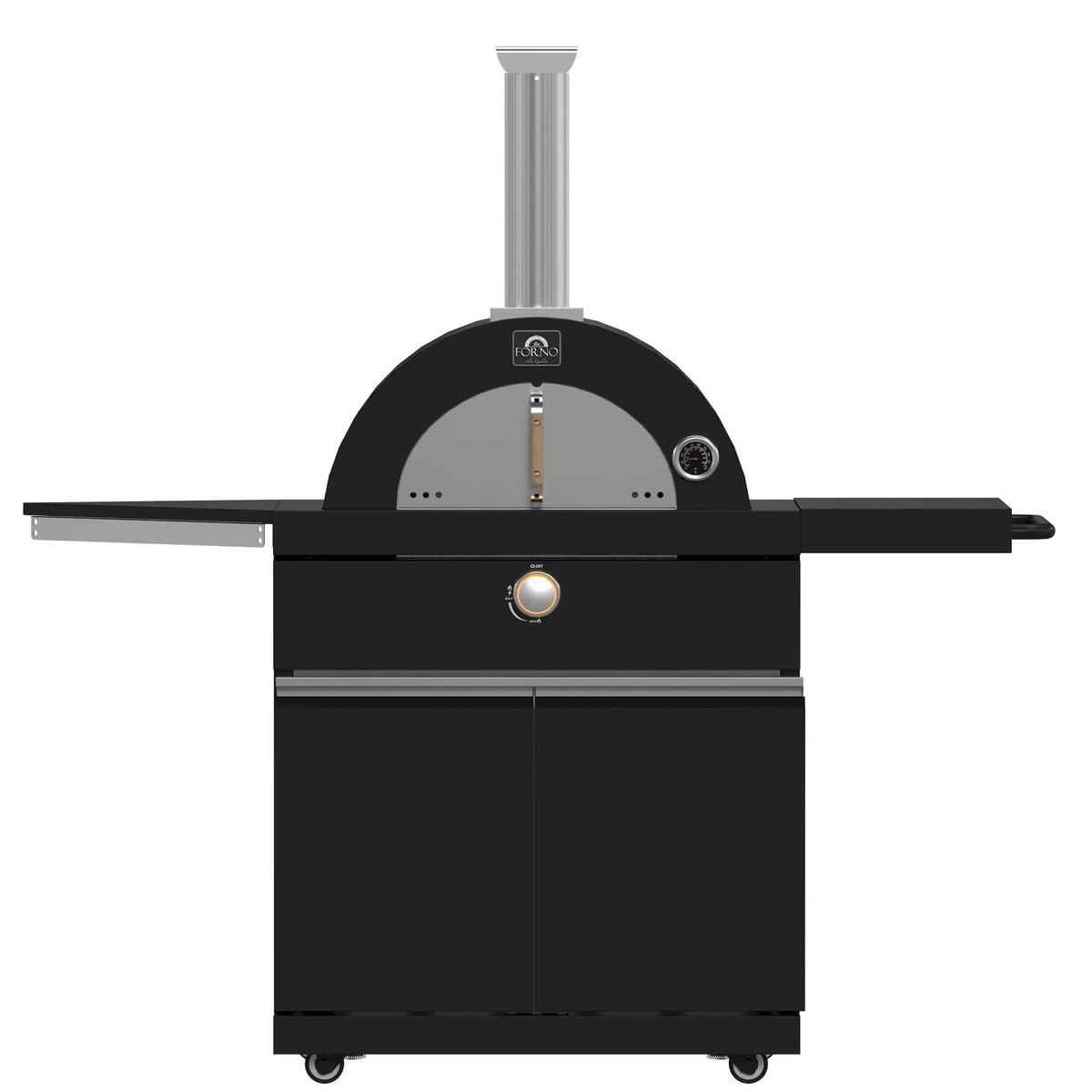 Black pizza oven with stainless chimney, arched dome door on wheeled base