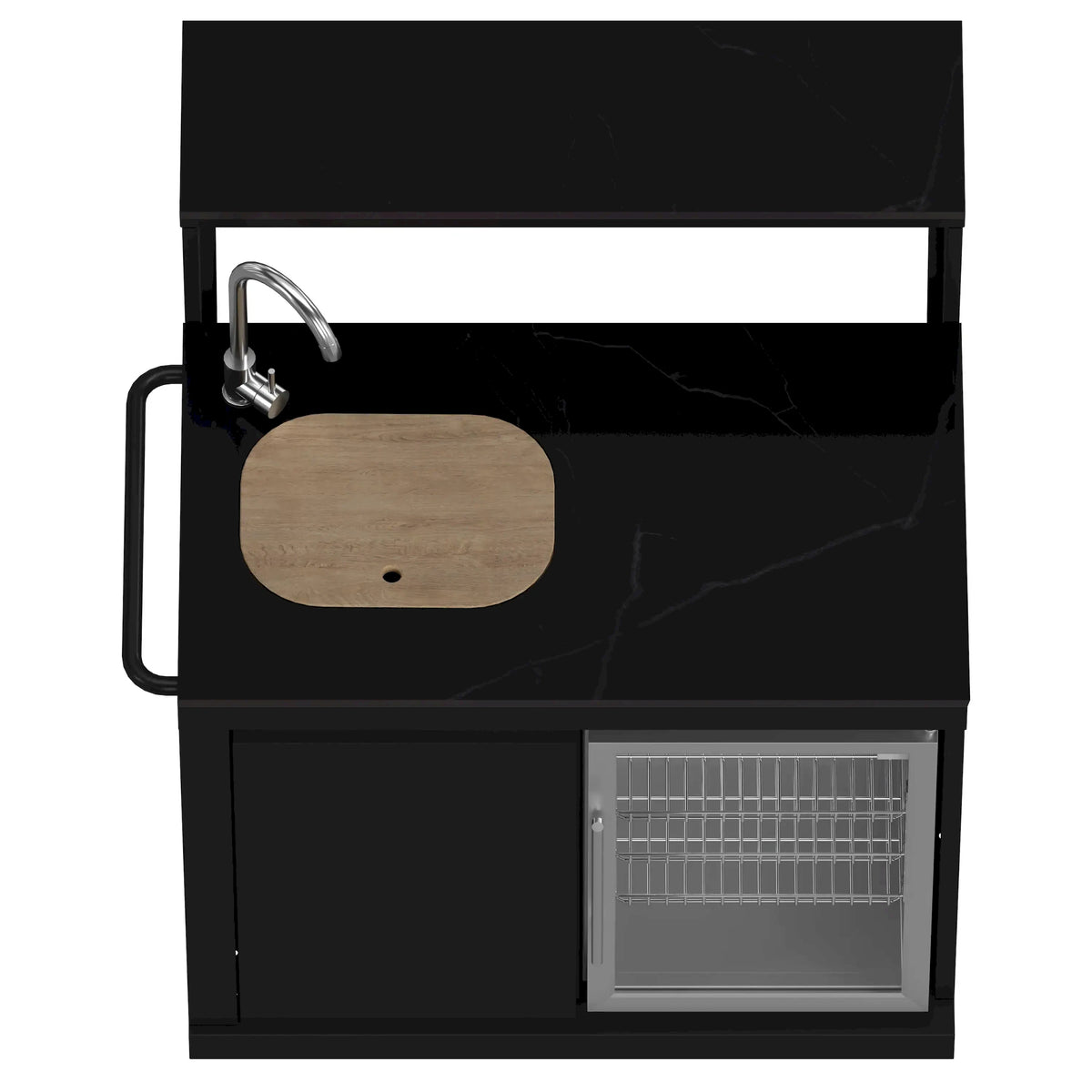 Black sink module with curved faucet and open cabinet door with glass-front panel