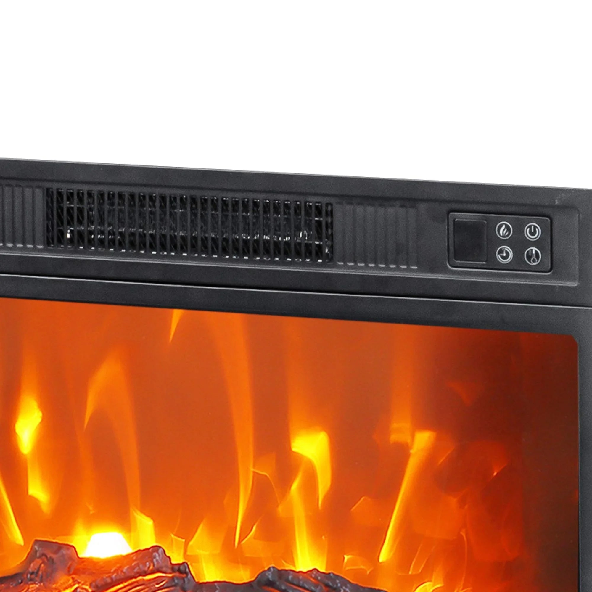 Black electric fireplace insert control panel and vent grille