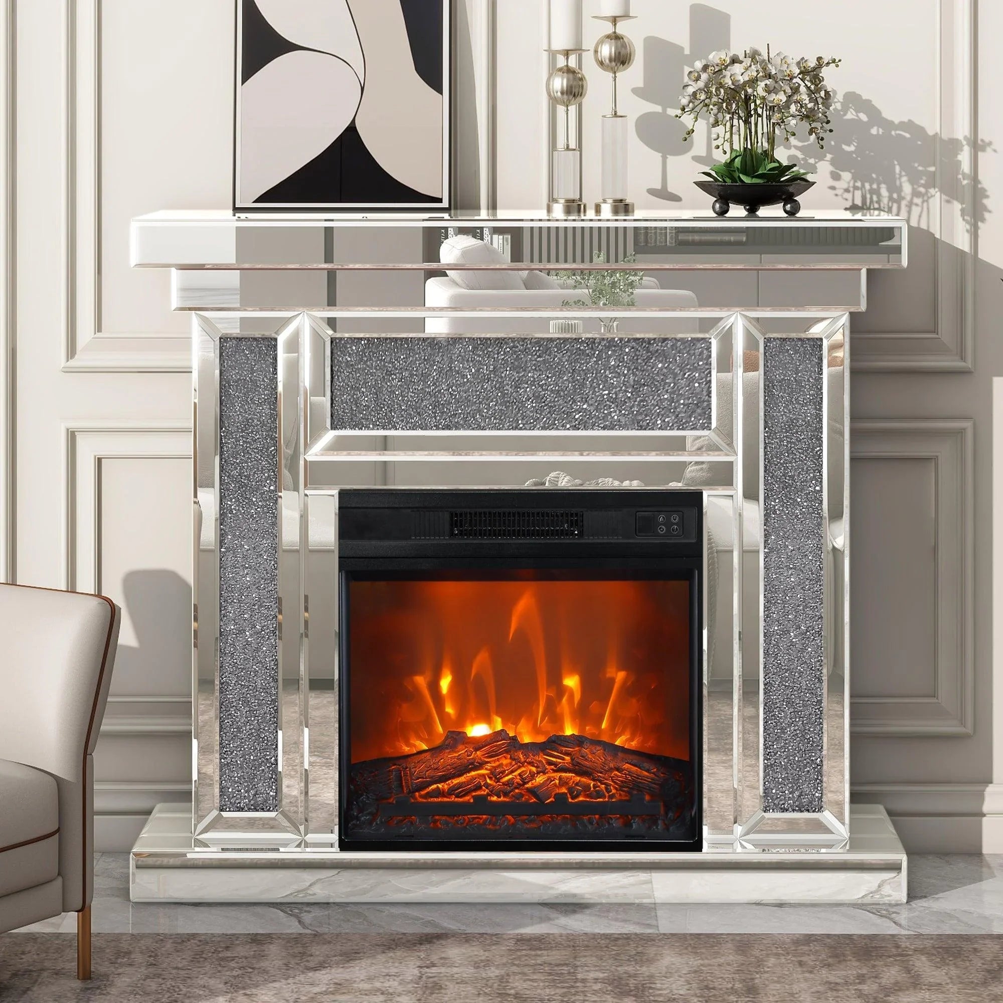 Black electric fireplace insert with stone-textured side columns and firebox