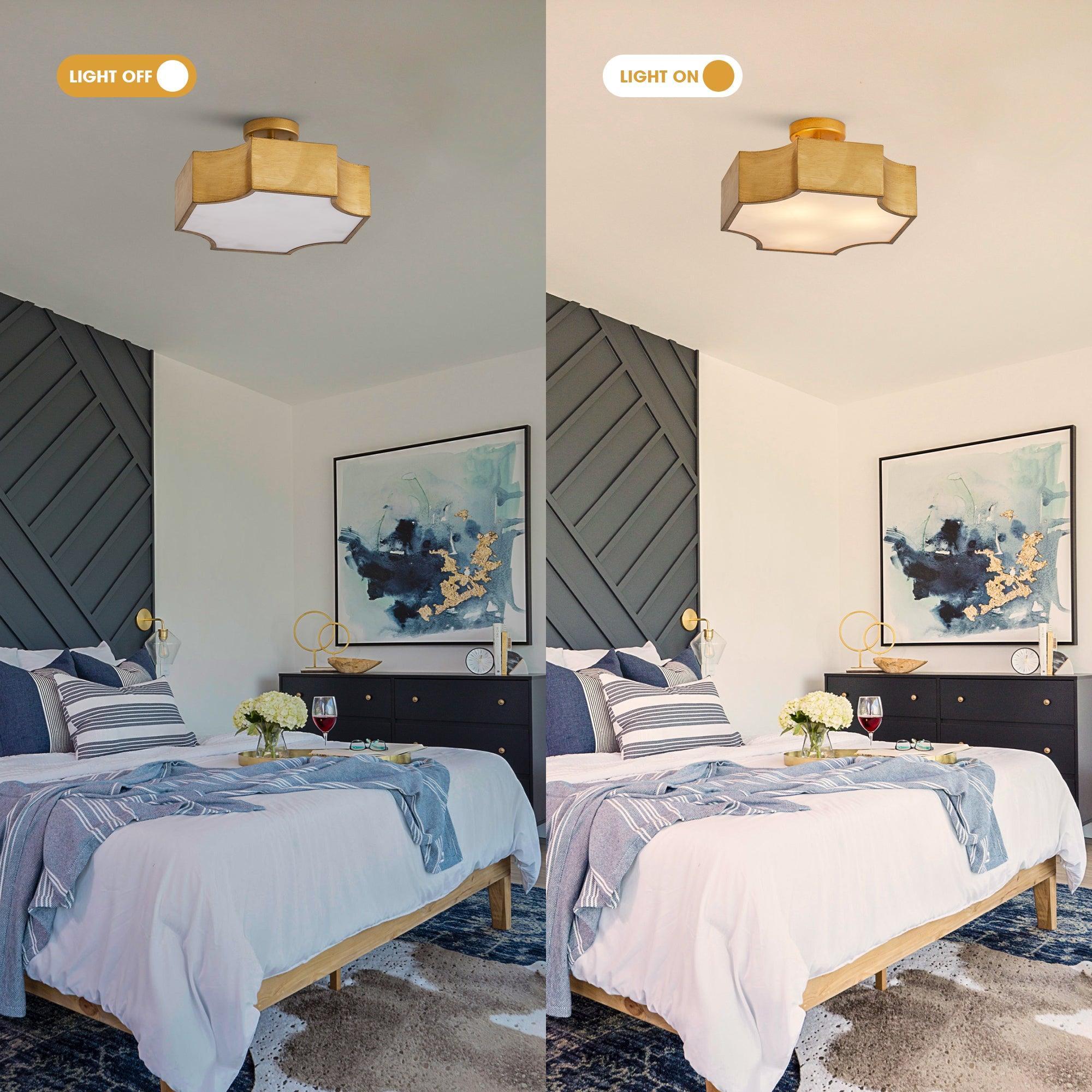 Golden 3-light semi flush mount with rectangular fabric shades and vintage base