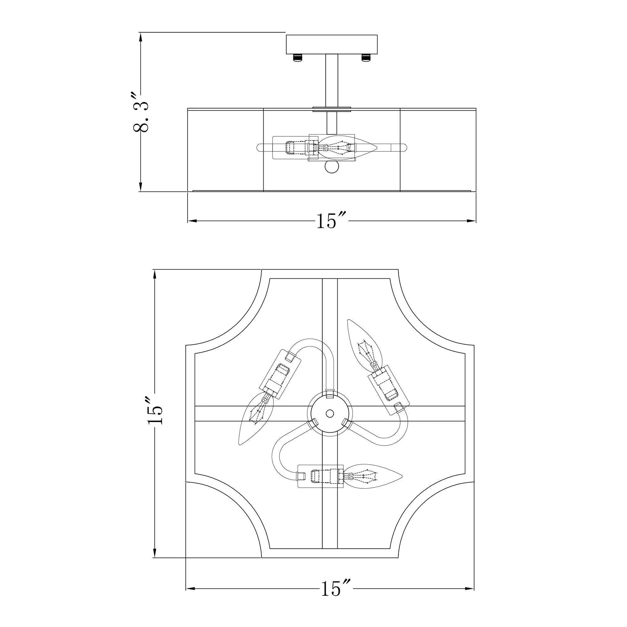 Technical line drawing of brushed gold semi-flush mount light with 15-inch dimensions