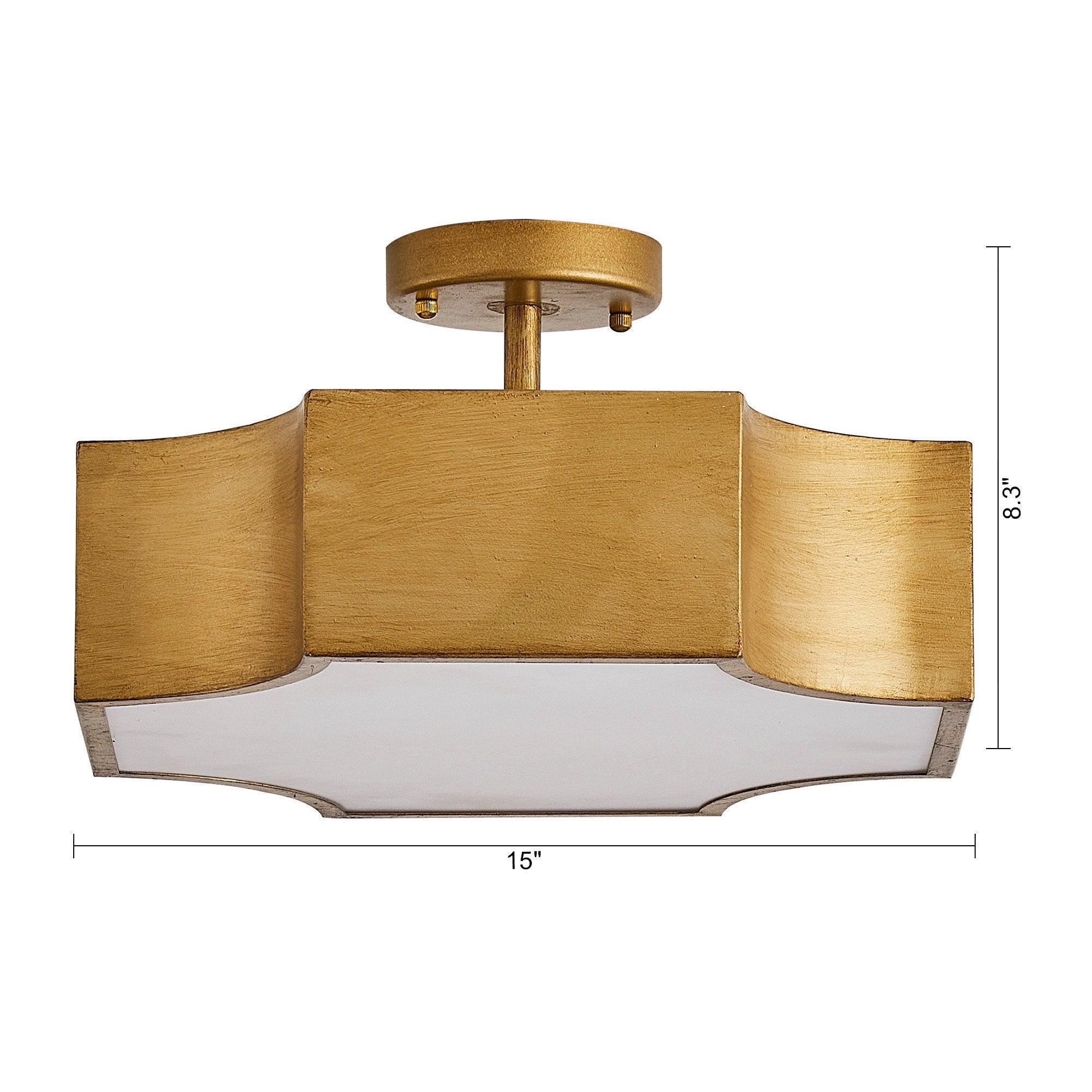 Brushed gold semi-flush mount light with textured panels, shown with size measurements
