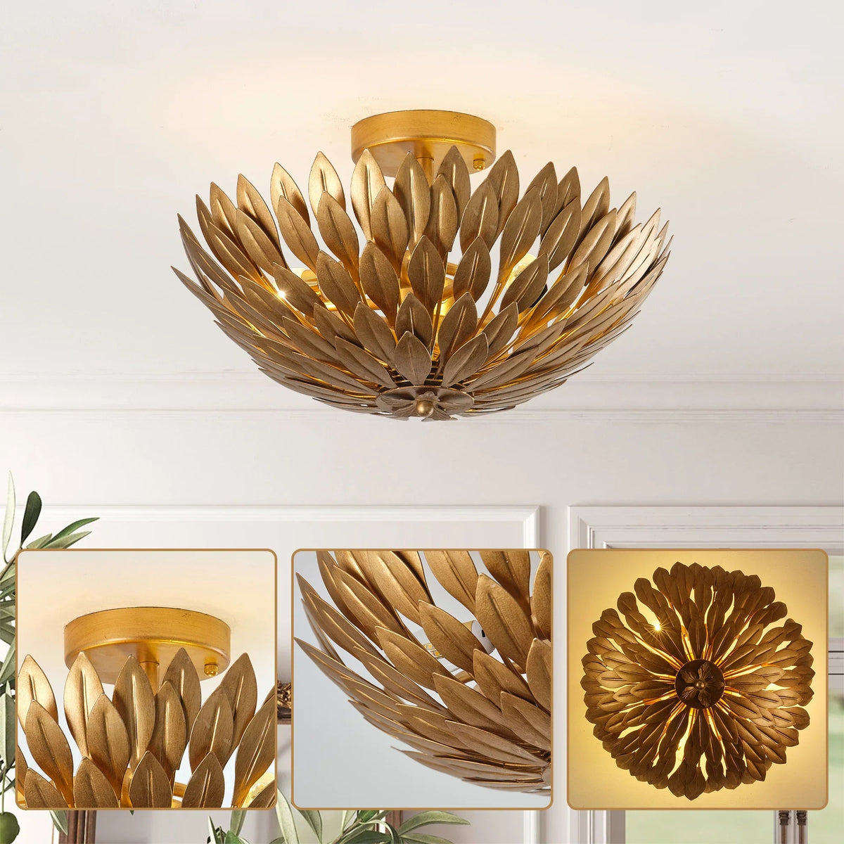Golden leaf semi-flush mount ceiling light close-up with warm lit glow