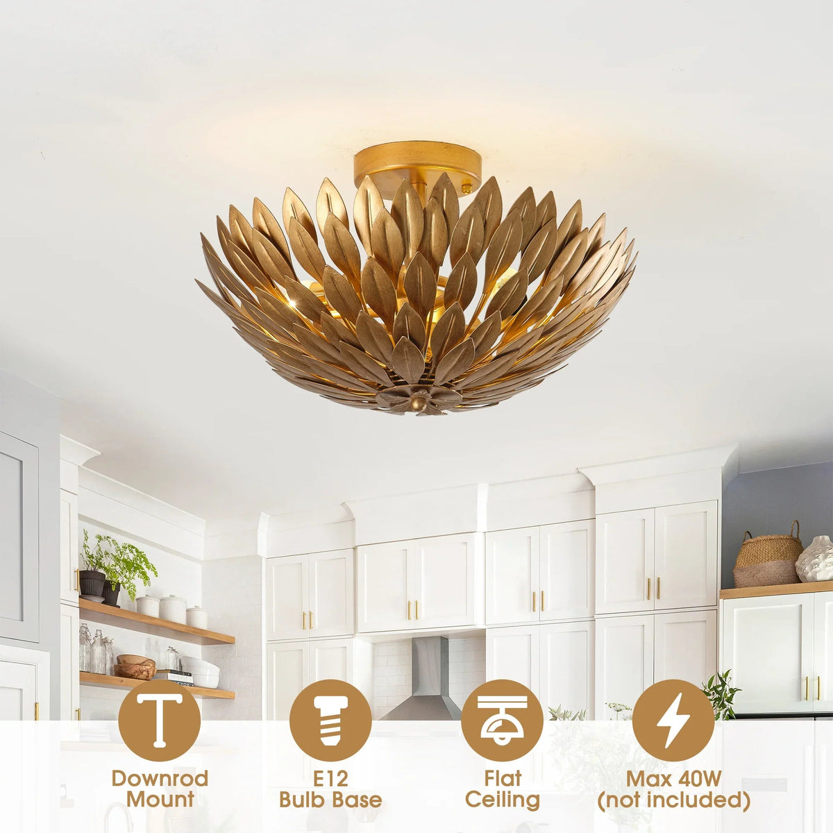 Golden leaf semi-flush mount ceiling light with 3-light E12 bulb base design