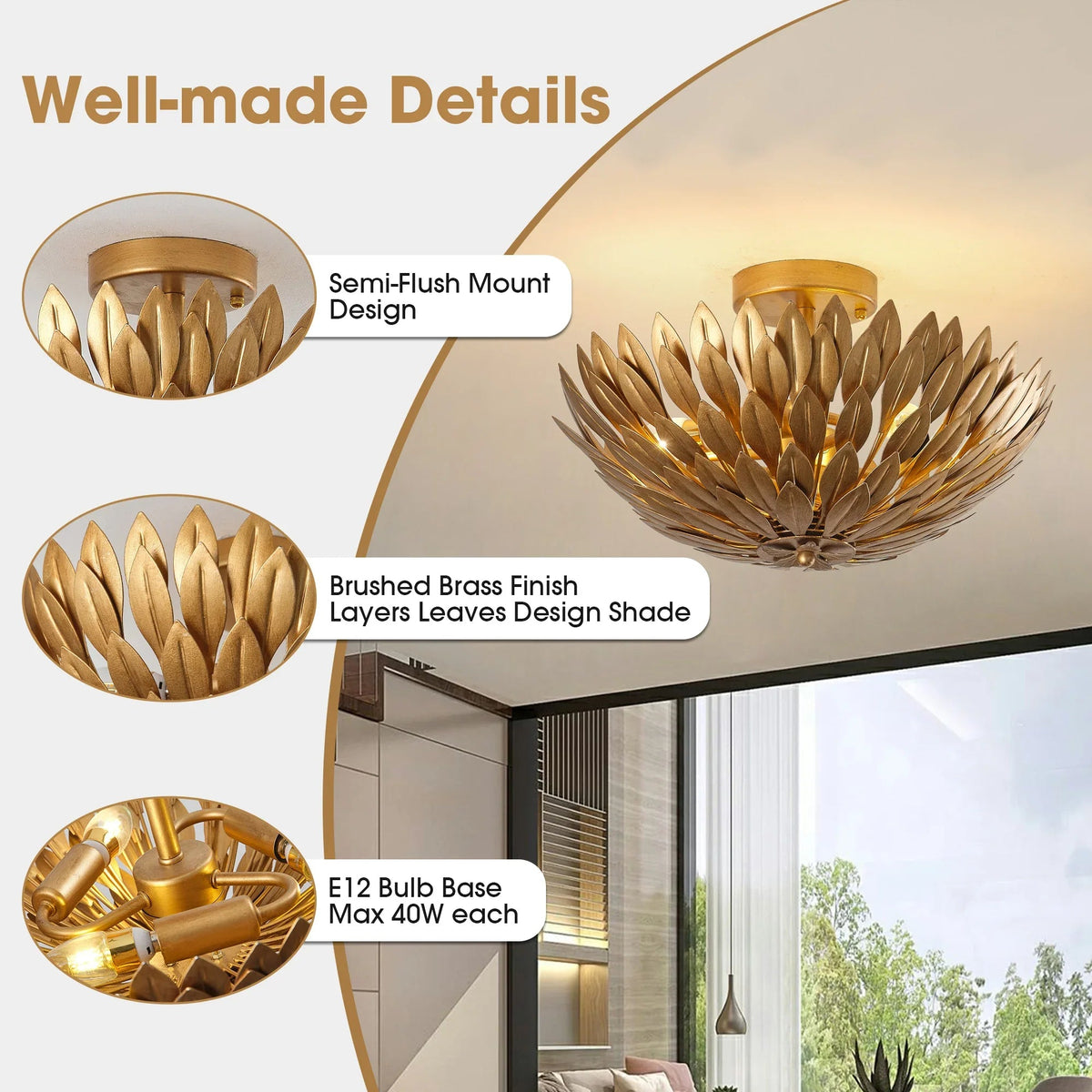 Golden semi-flush mount leaf shade with brushed brass finish, E12 base, 3-light