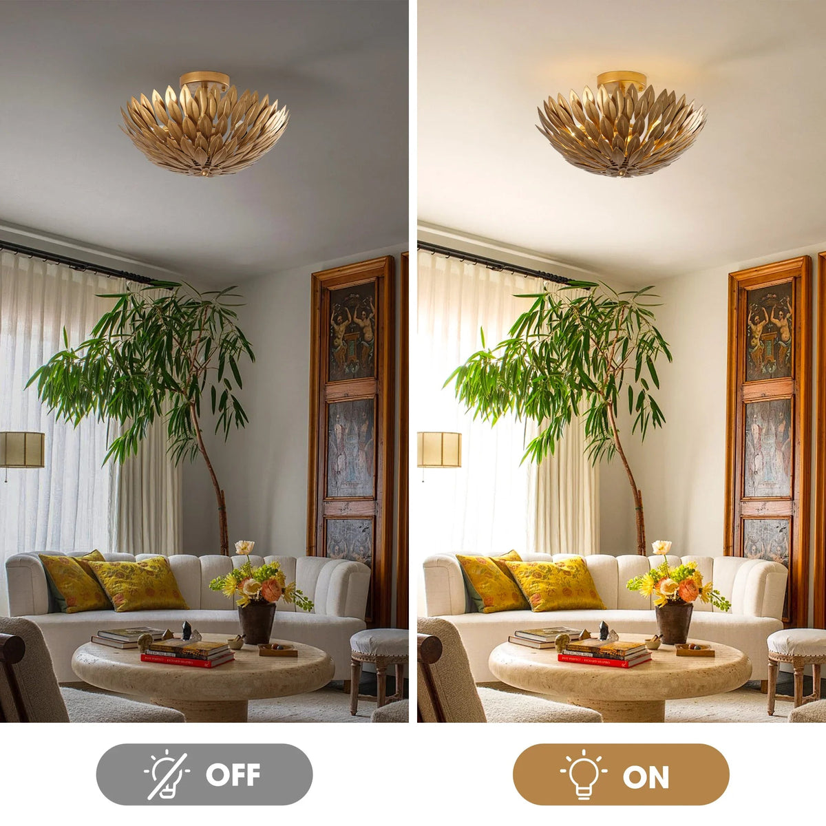 Golden leaf semi-flush mount ceiling light showing bulbs off and on