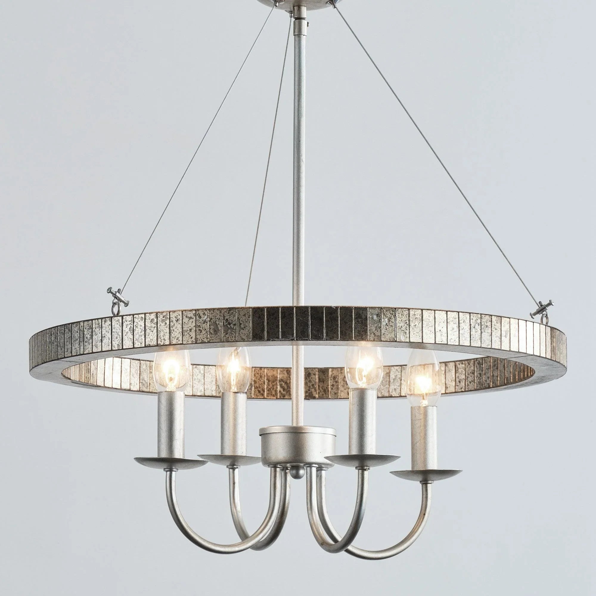 Satin nickel 4-light island pendant with round textured ring and four curved arms