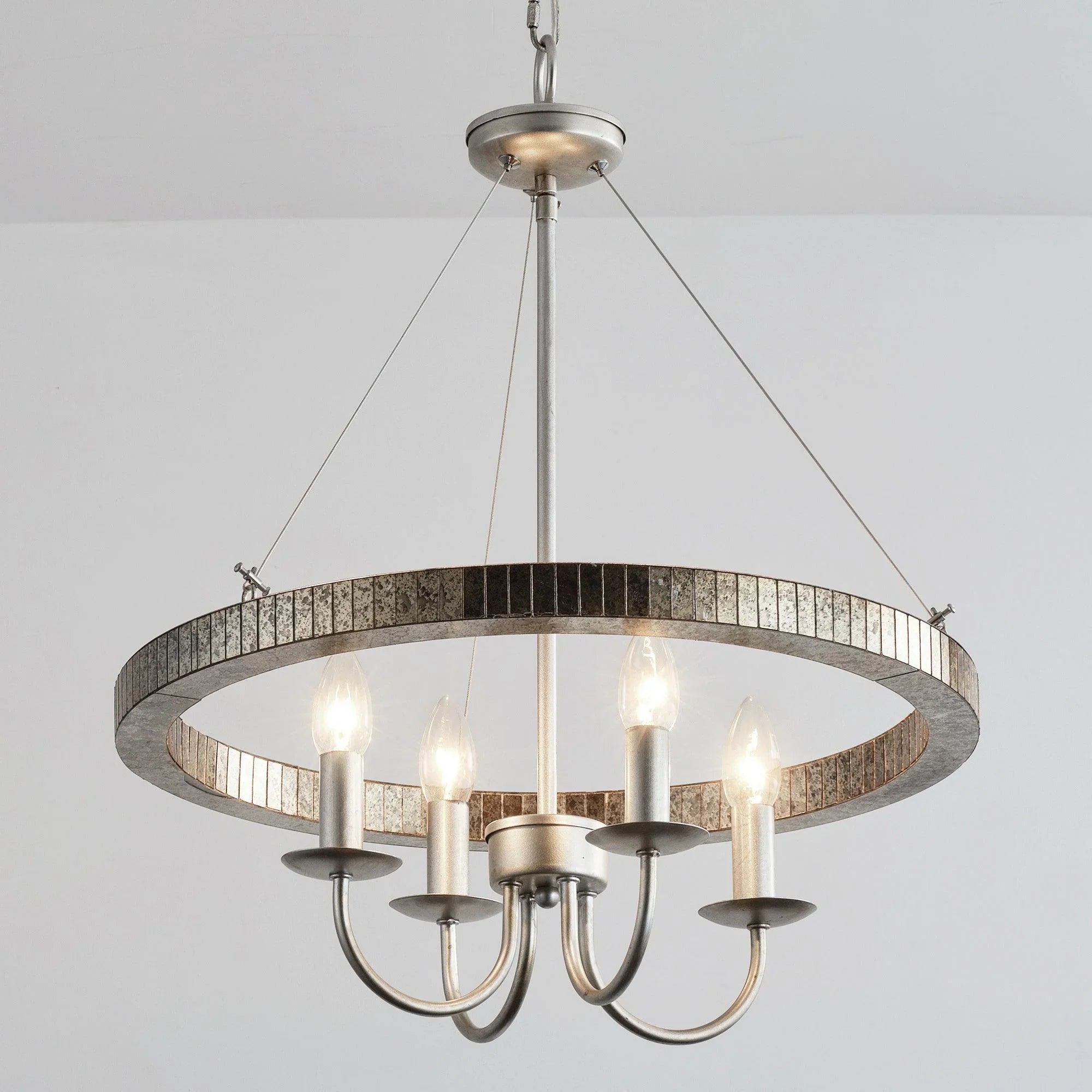 4-light satin nickel island pendant with textured metal ring and clear acrylic bulb shades