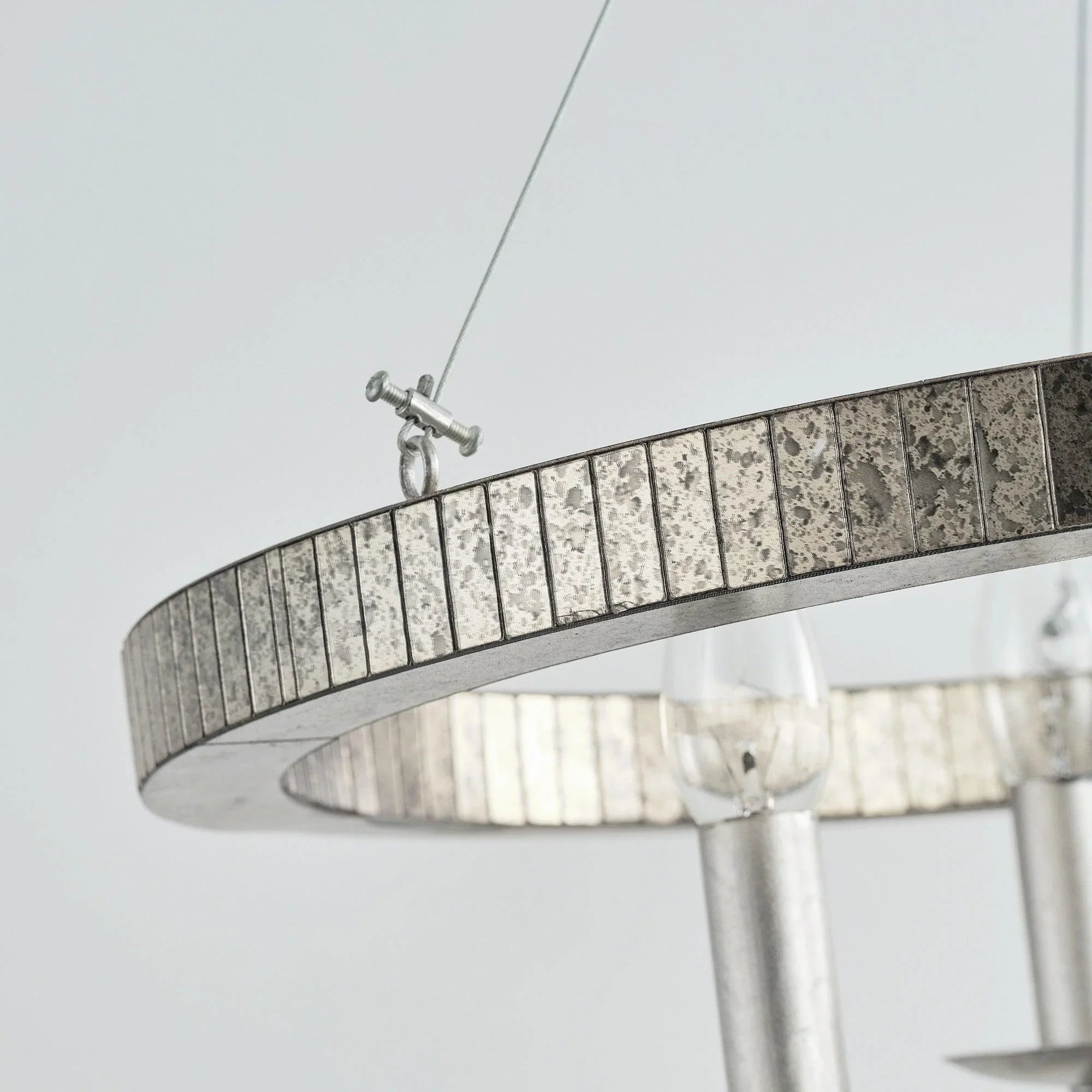 Textured metal circular ring for a satin nickel 4-light island pendant with hanging rod