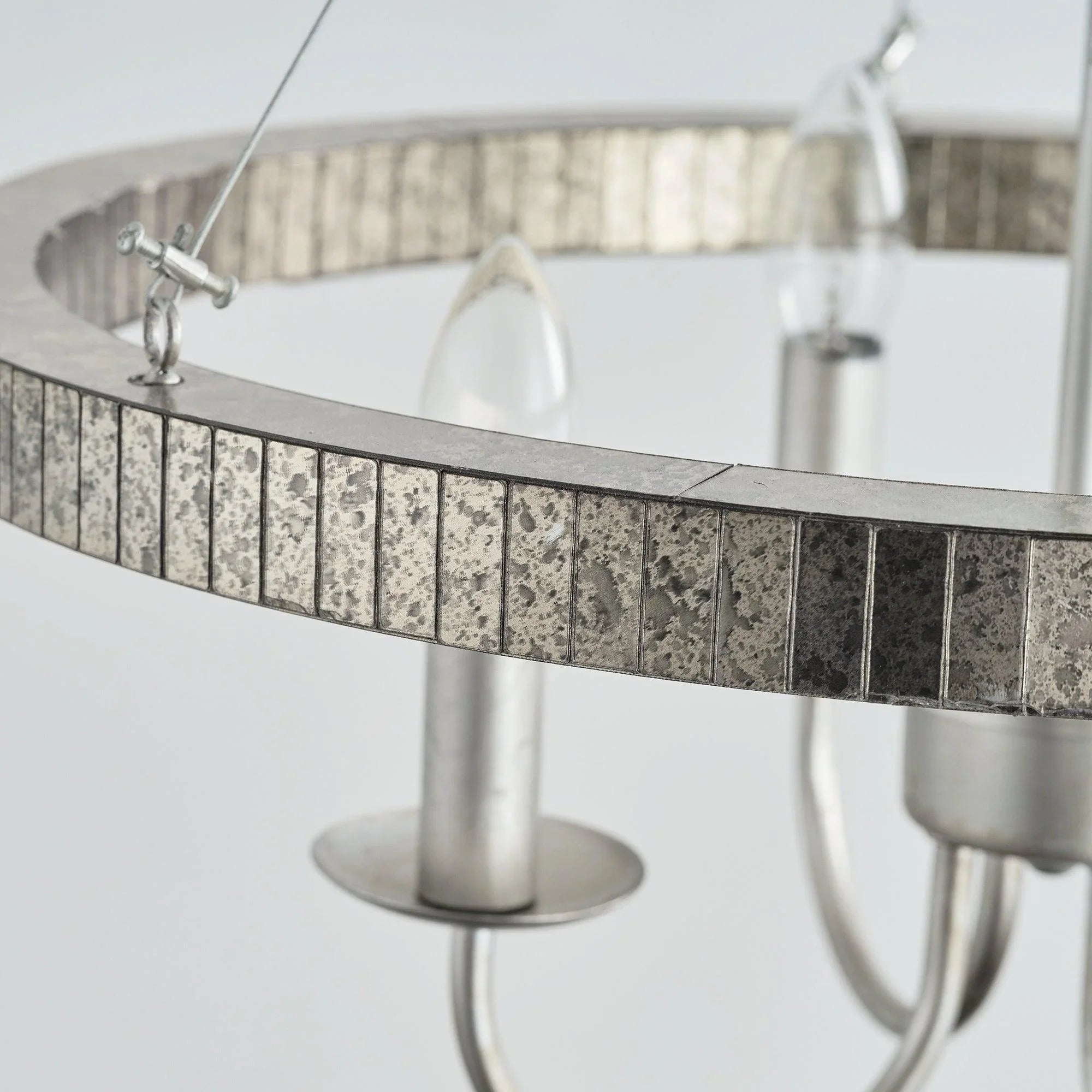 4-light satin nickel island pendant with textured metal ring and clear acrylic lamp shades