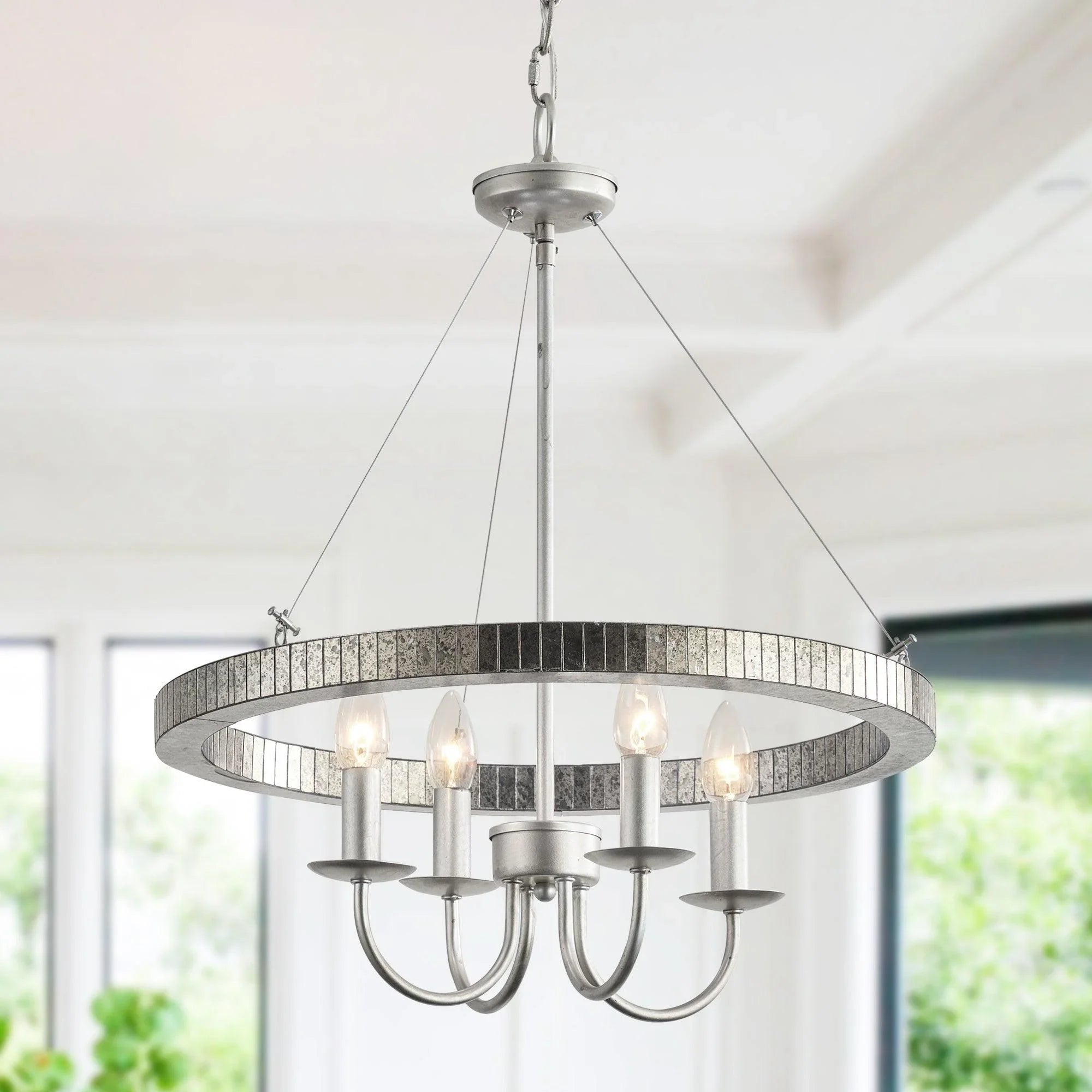 Satin nickel 4-light pendant with speckled circular acrylic lens and candelabra bulbs