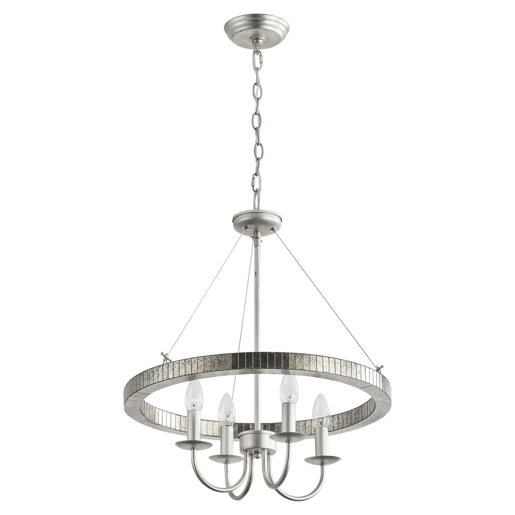 Satin nickel 4-light island pendant with textured circular ring and curved lamp arms