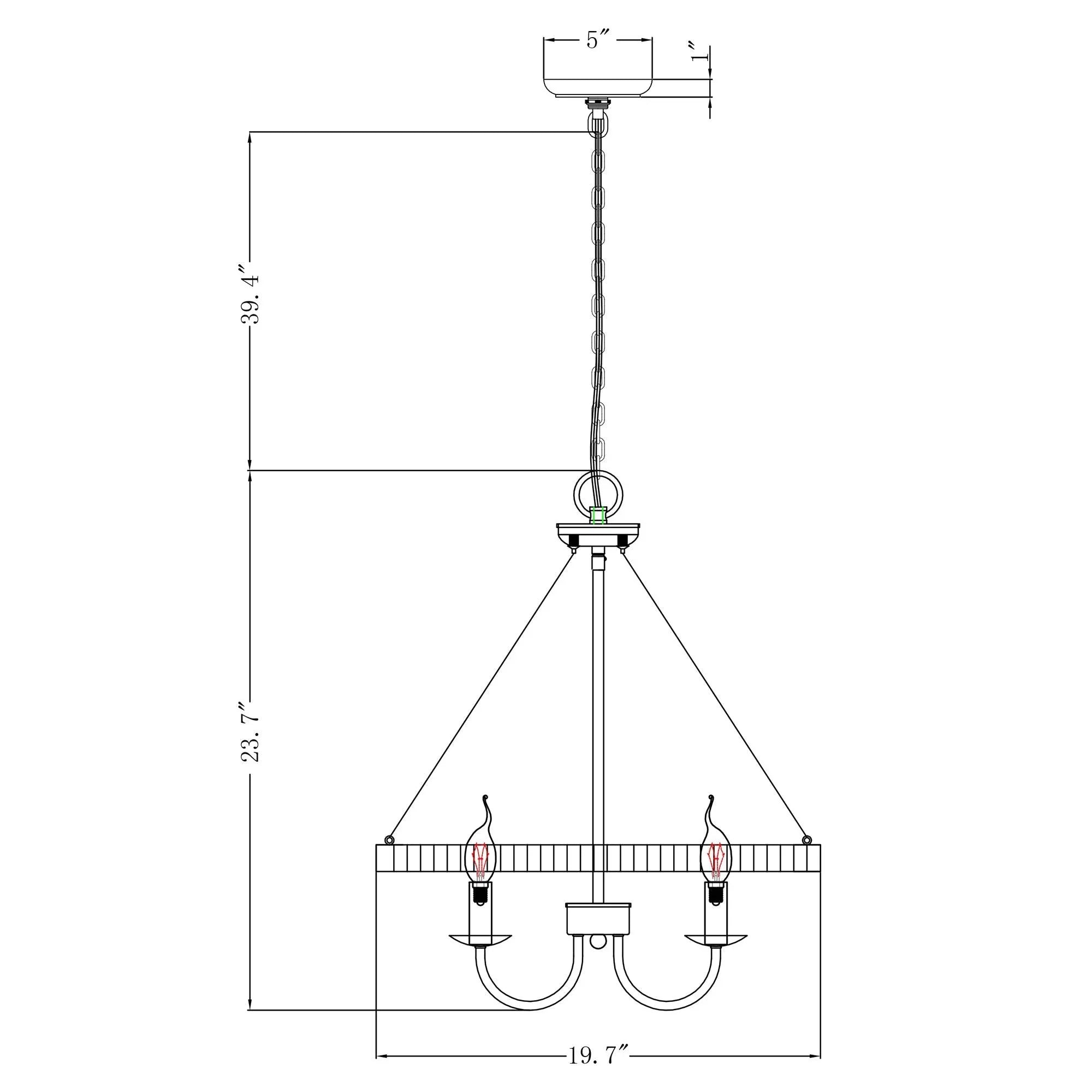 Product diagram of a 4-light island pendant with chain suspension and circular mounting
