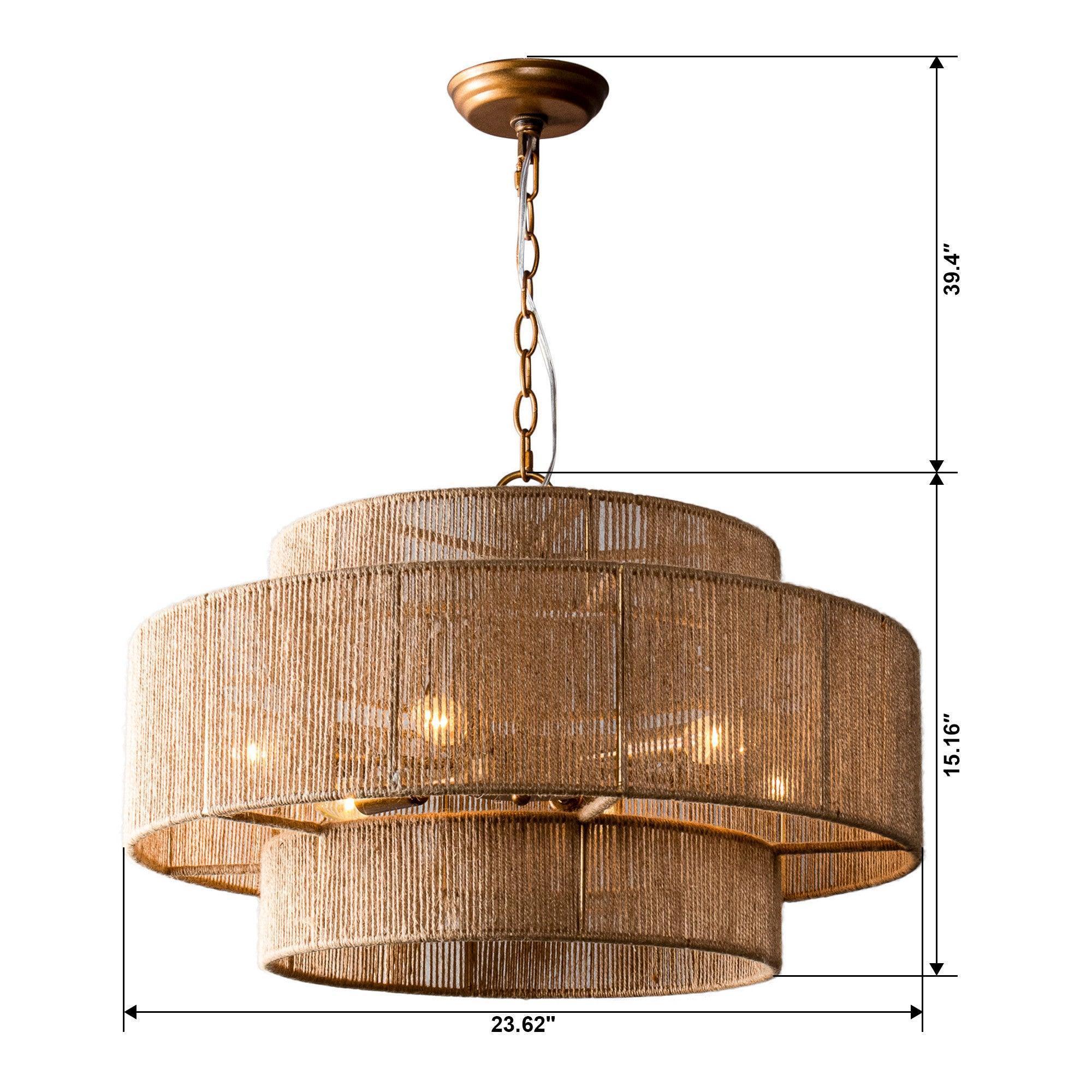 Antique gold 6-light drum pendant with natural rope fabric shade