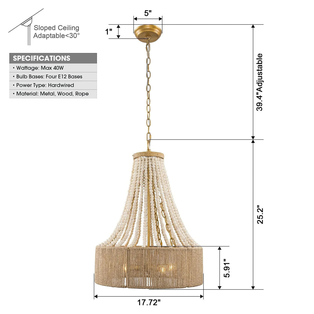 Golden 4-light chandelier with hanging chain and drum shades sized for sloped ceilings