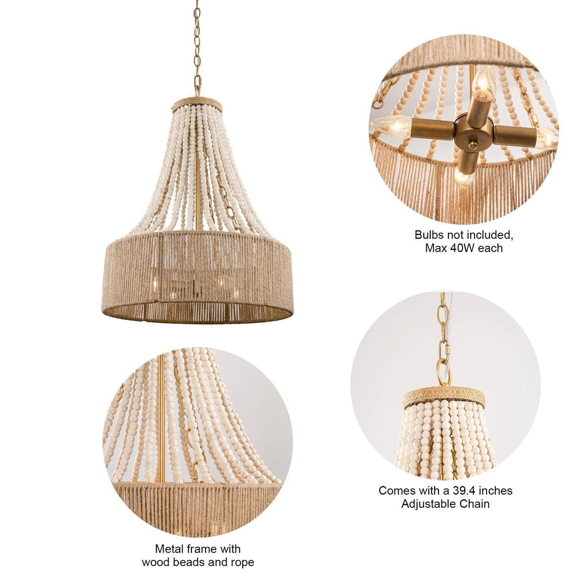 Golden chandelier details: beaded rope drum shade, metal frame, and adjustable chain