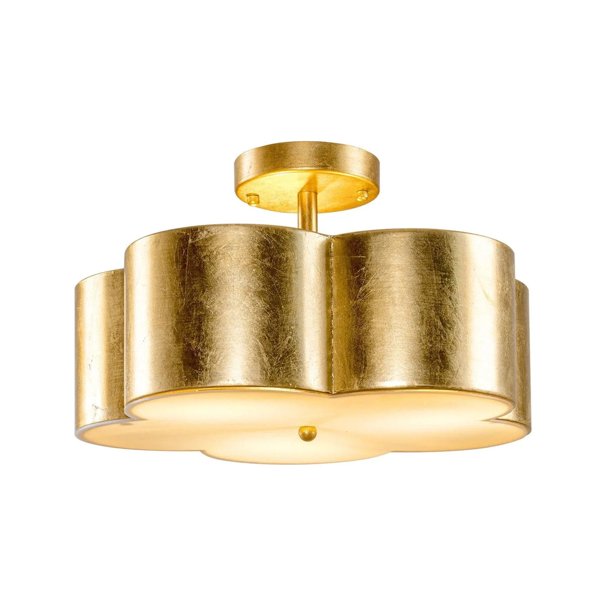 Golden 3-light semi-flush ceiling fixture with round canopy and drum-shaped shades