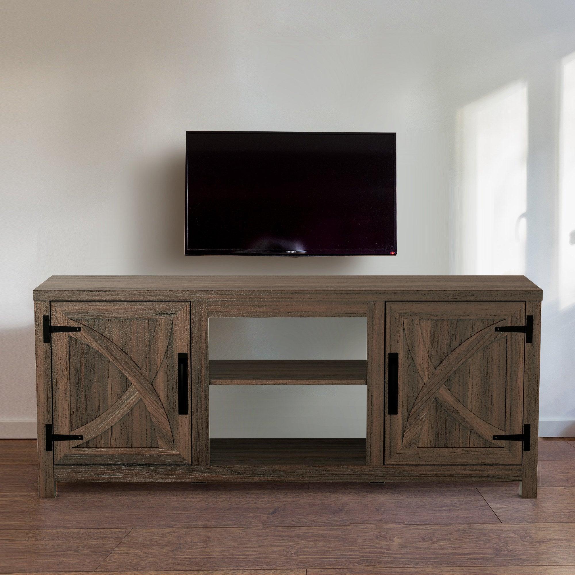 Dark brown farmhouse TV stand with two cabinet doors and central media shelf