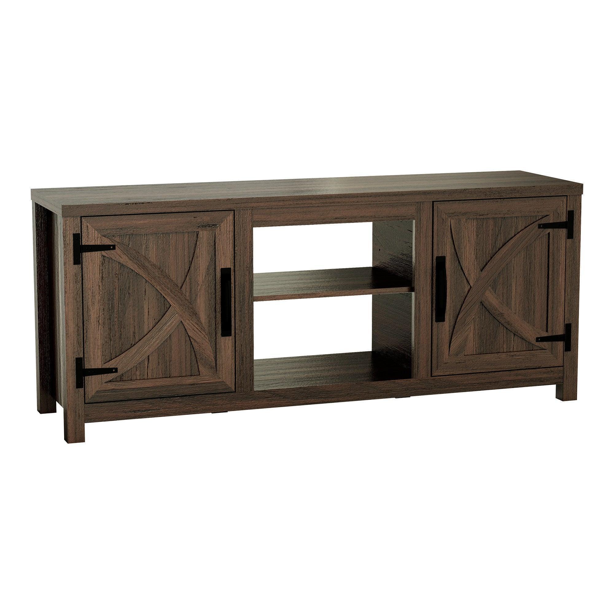Farmhouse TV stand with two side doors and open center storage compartment