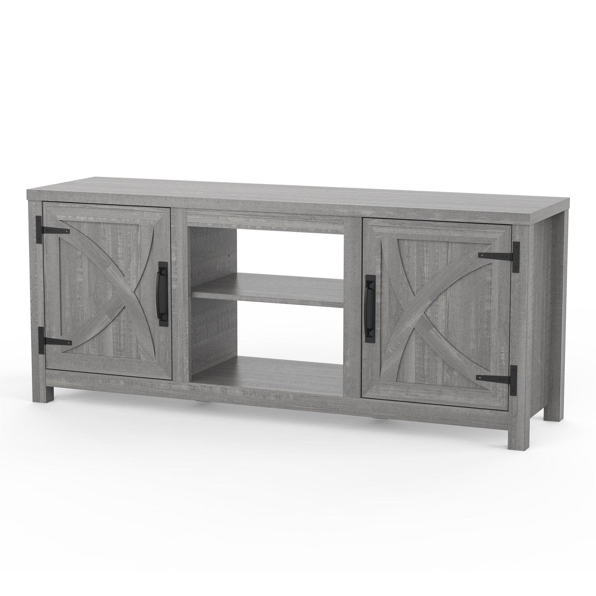 Grey farmhouse TV stand with two cabinet doors, two open shelves, and flat top