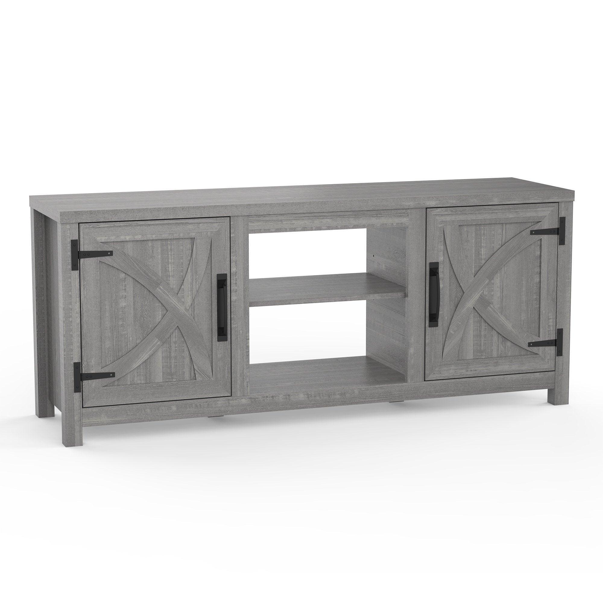 Grey TV stand cabinet with open center shelf between two door panels and black handles