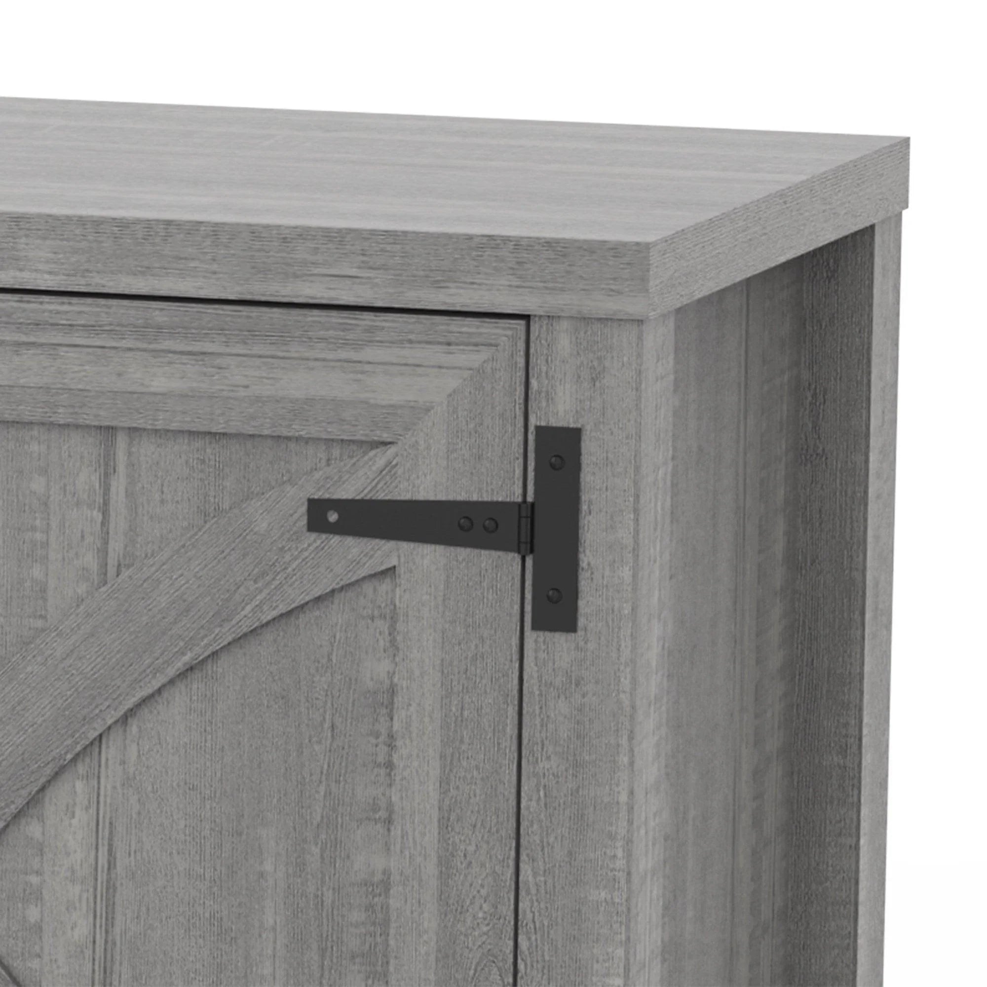 Grey cabinet door hinges and latch hardware on farmhouse TV stand