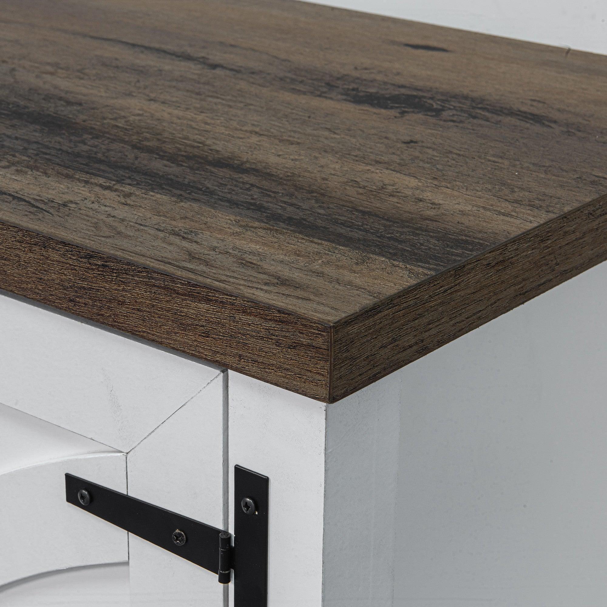 Dark brown wood TV stand base corner with black hinge and mounting plate