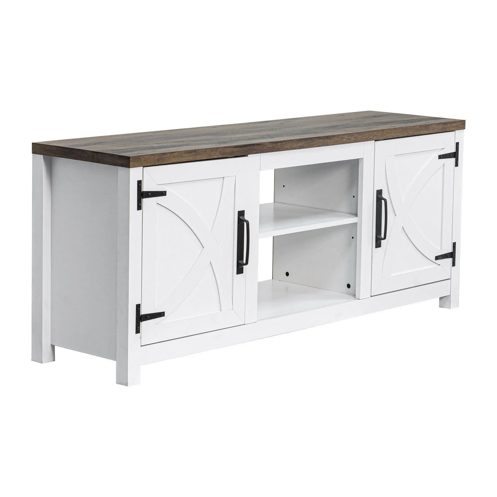 White farmhouse TV stand cabinet with two door panels and open center shelf