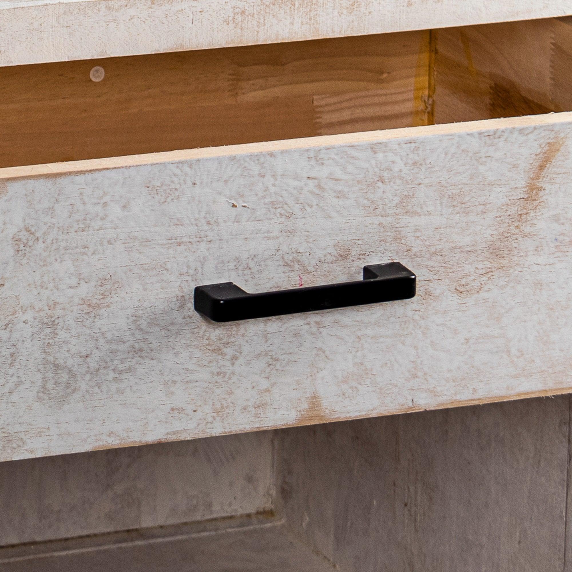 White nightstand drawer front with black curved handle