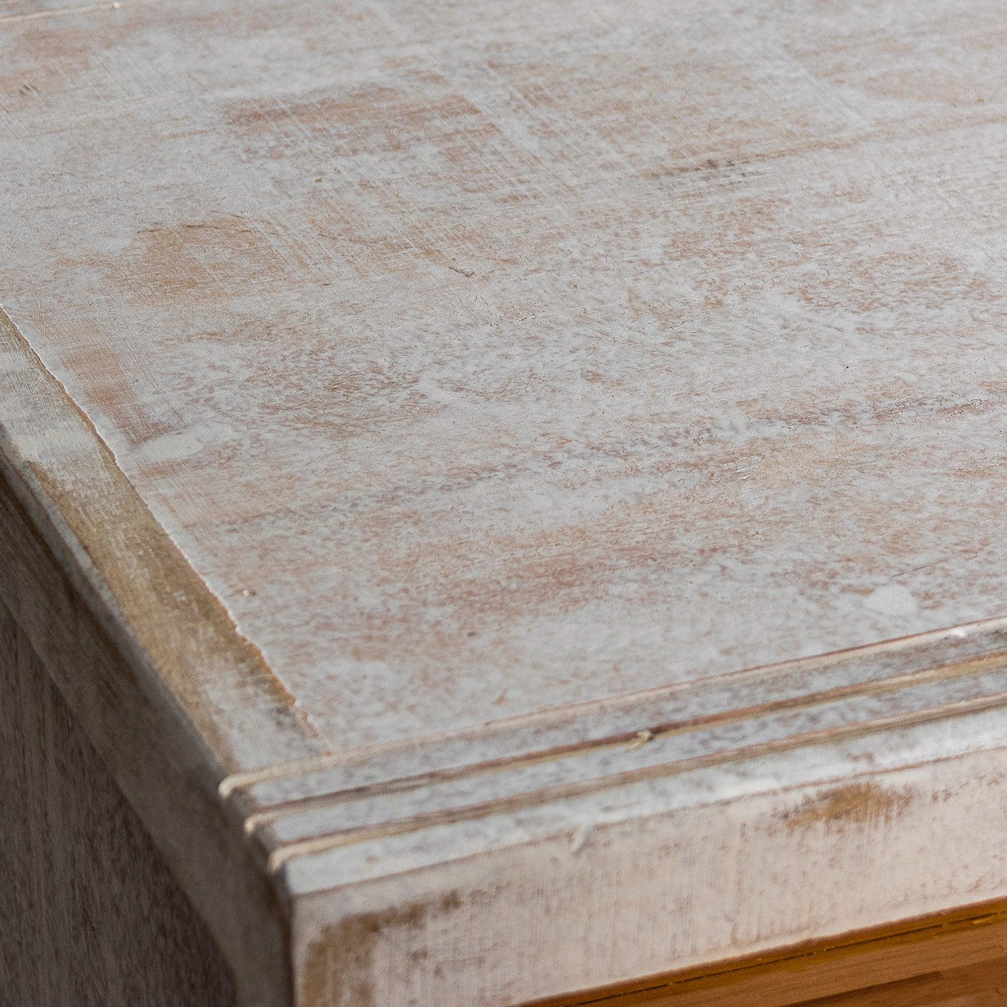 White nightstand top edge and distressed drawer face