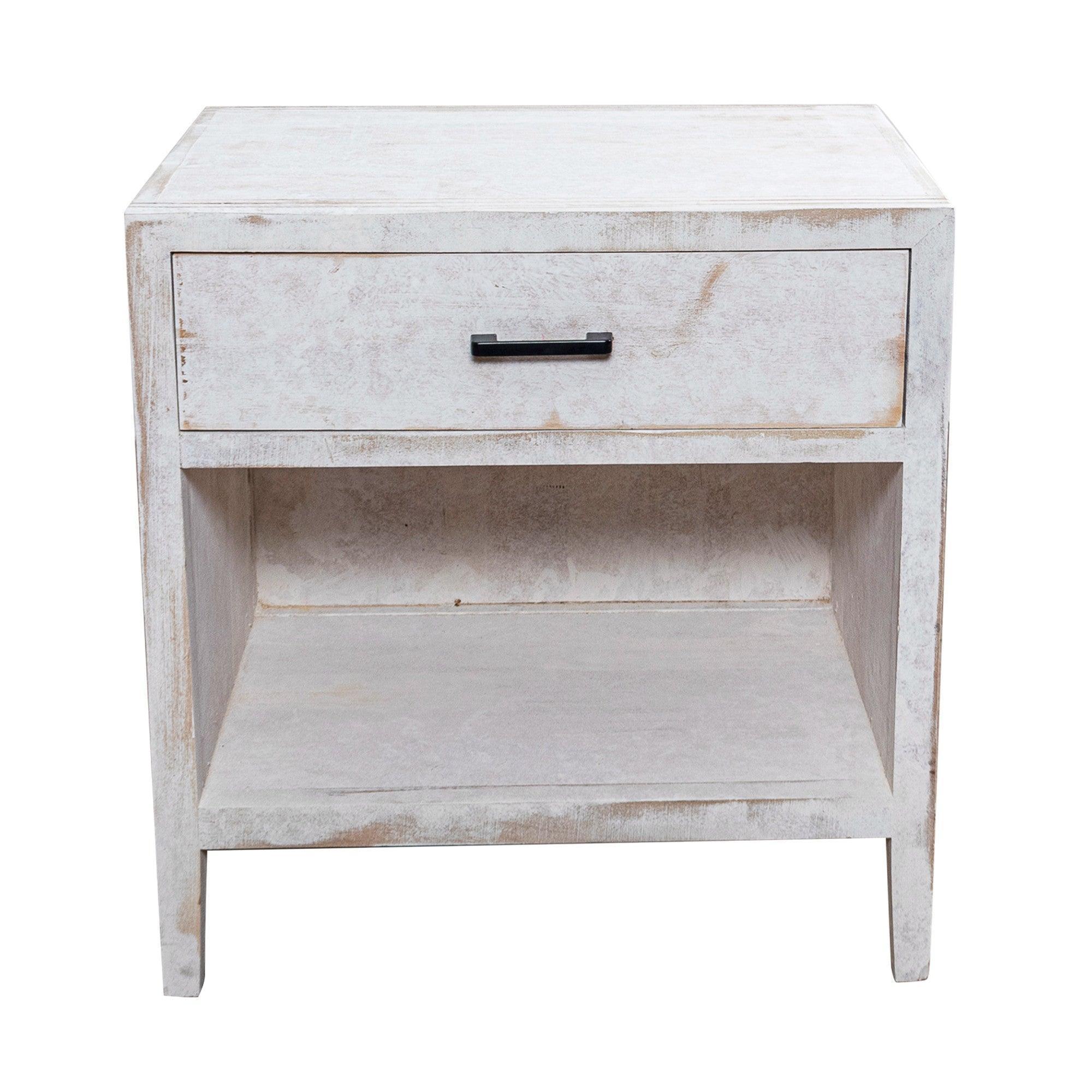 White solid wood nightstand with drawer open and interior compartment