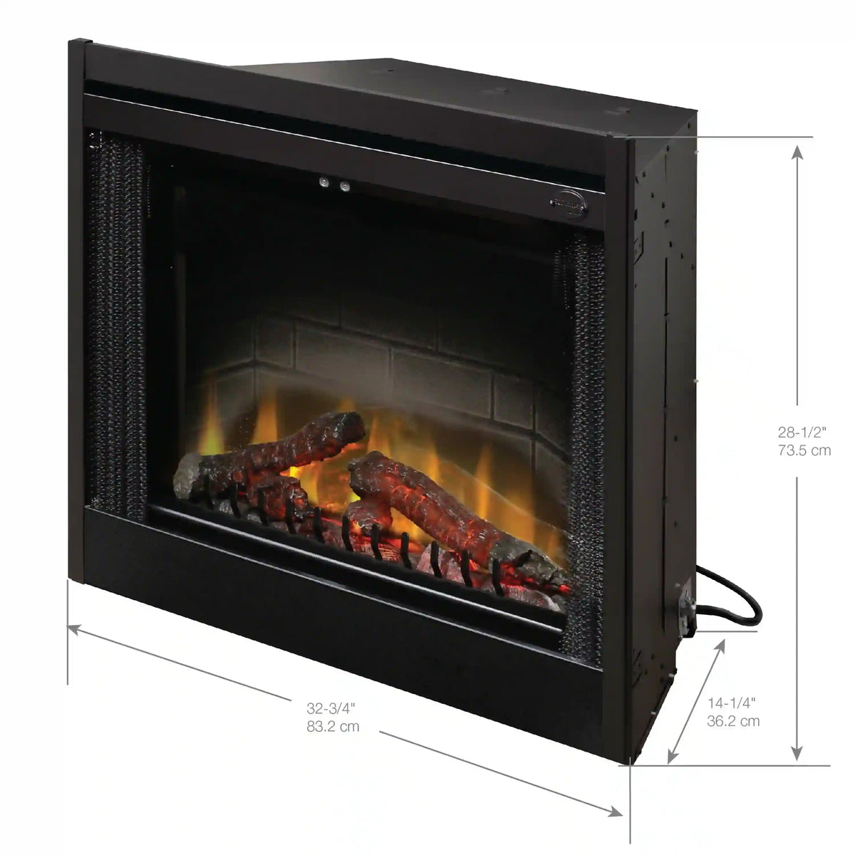 Black electric fireplace insert front view with visible height and width measurements