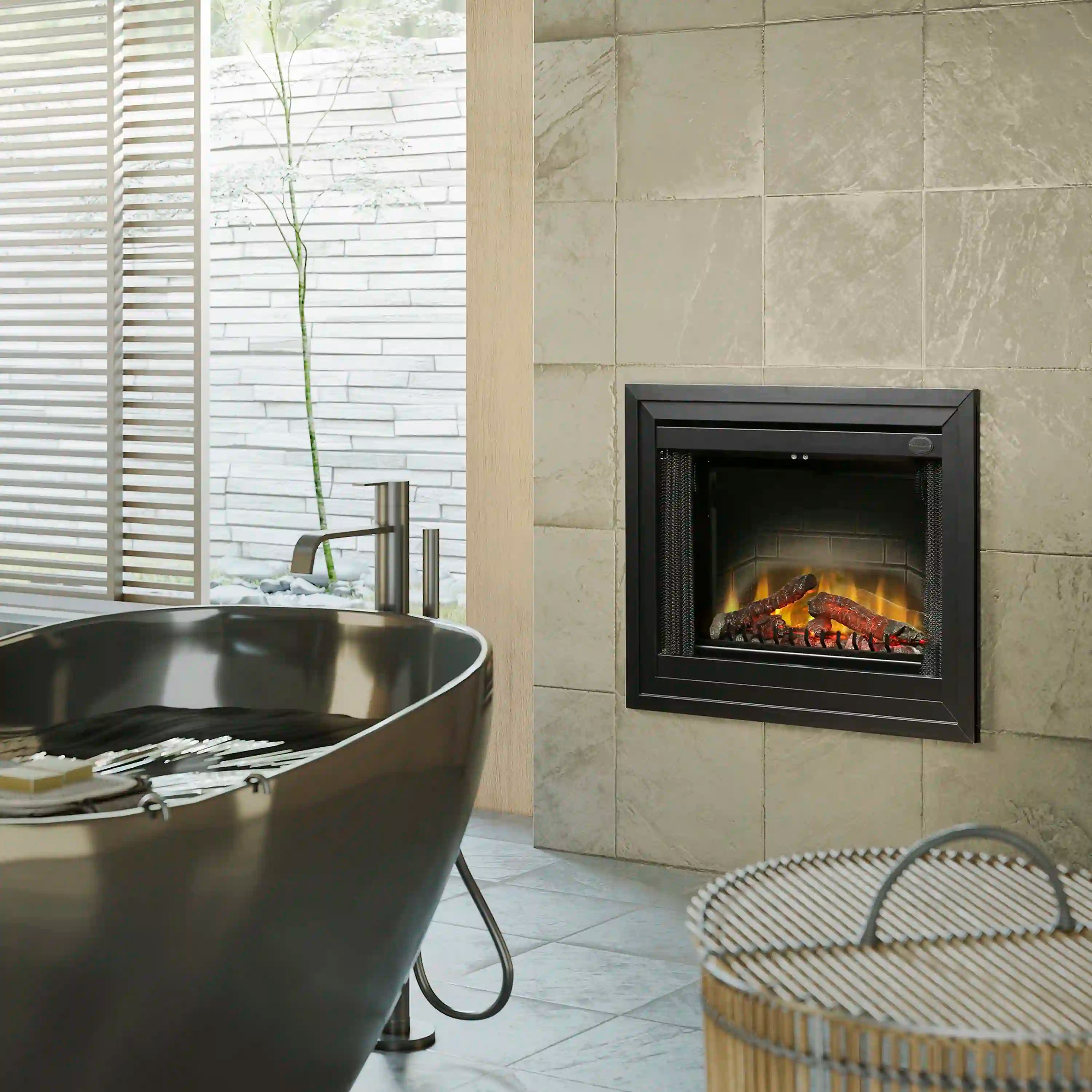 Built-in electric fireplace with black frame and realistic log-and-flame view