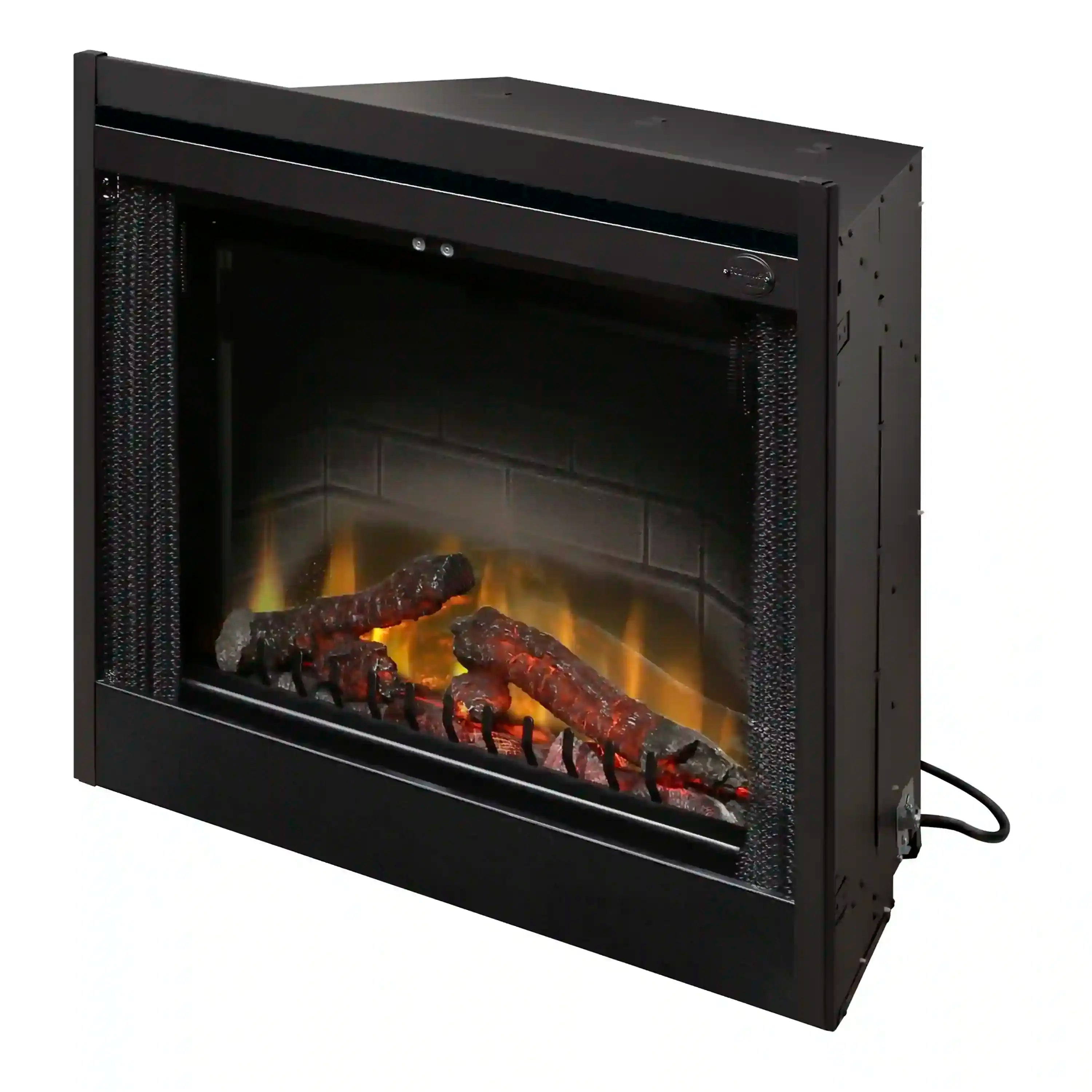 Black electric fireplace insert angled view with mesh sides and glowing logs