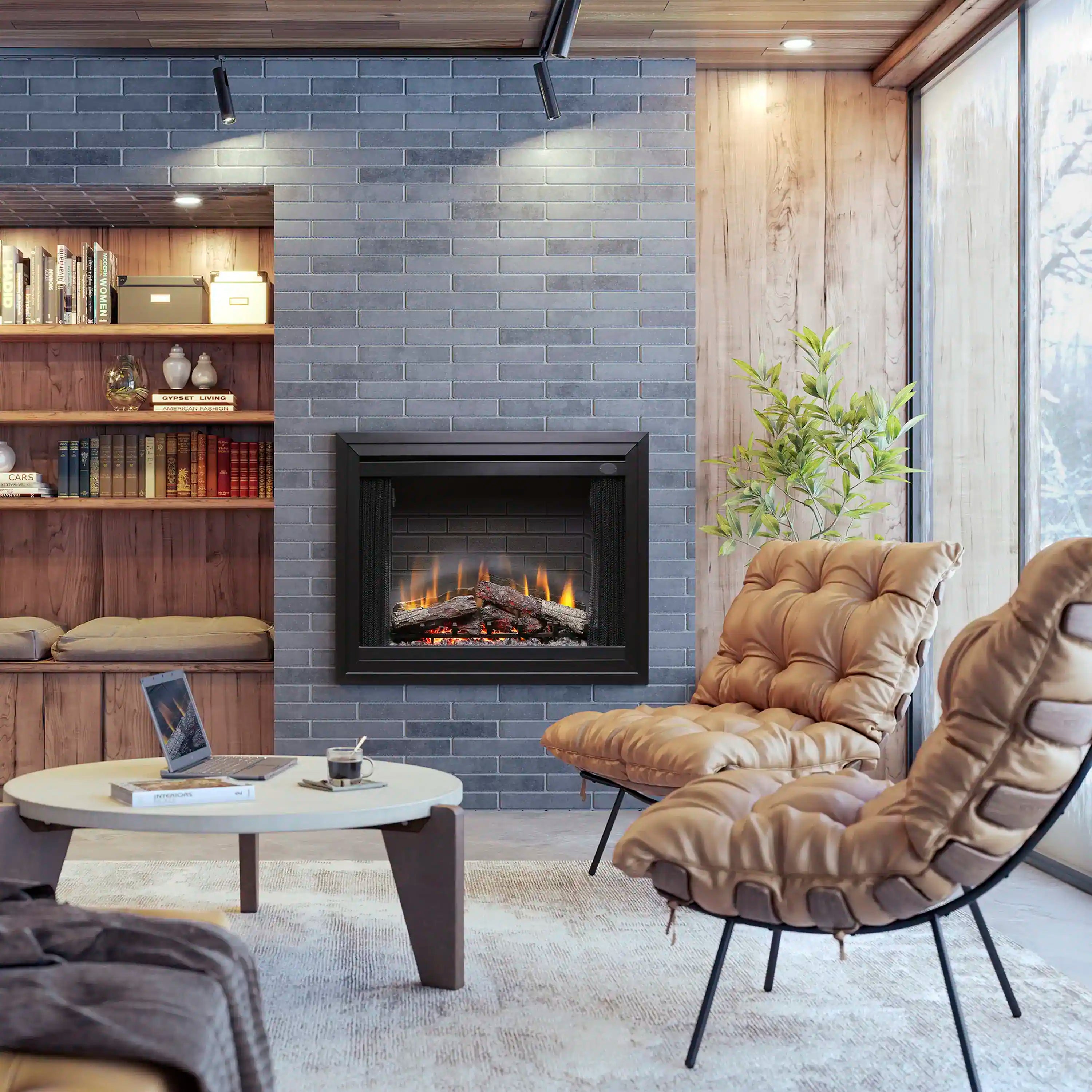 Built-in black electric fireplace insert in a brick surround, with flames and logs