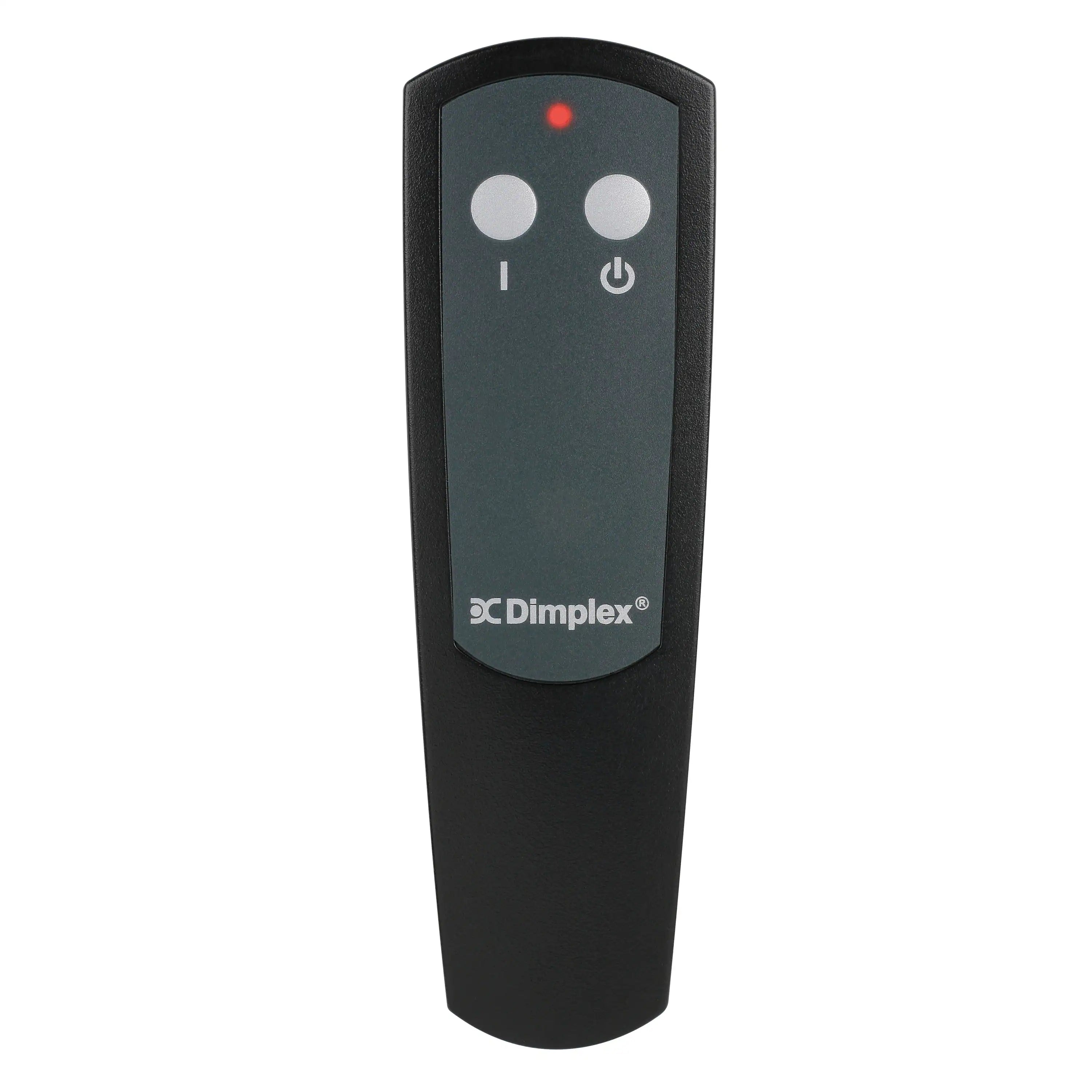 Black Dimplex electric fireplace remote control with buttons and indicator light