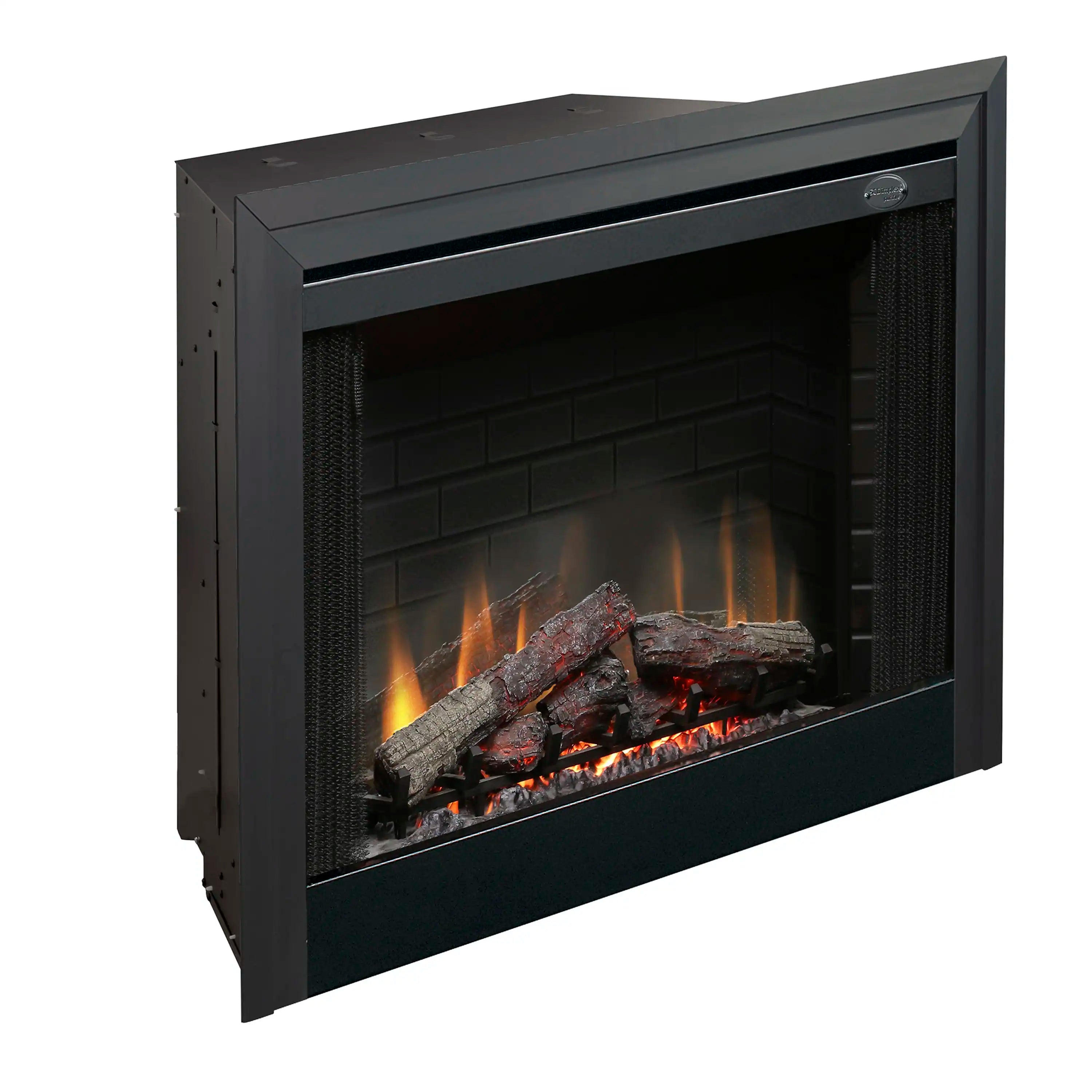 Black electric fireplace insert with side mesh accents and brick-effect back, burning logs